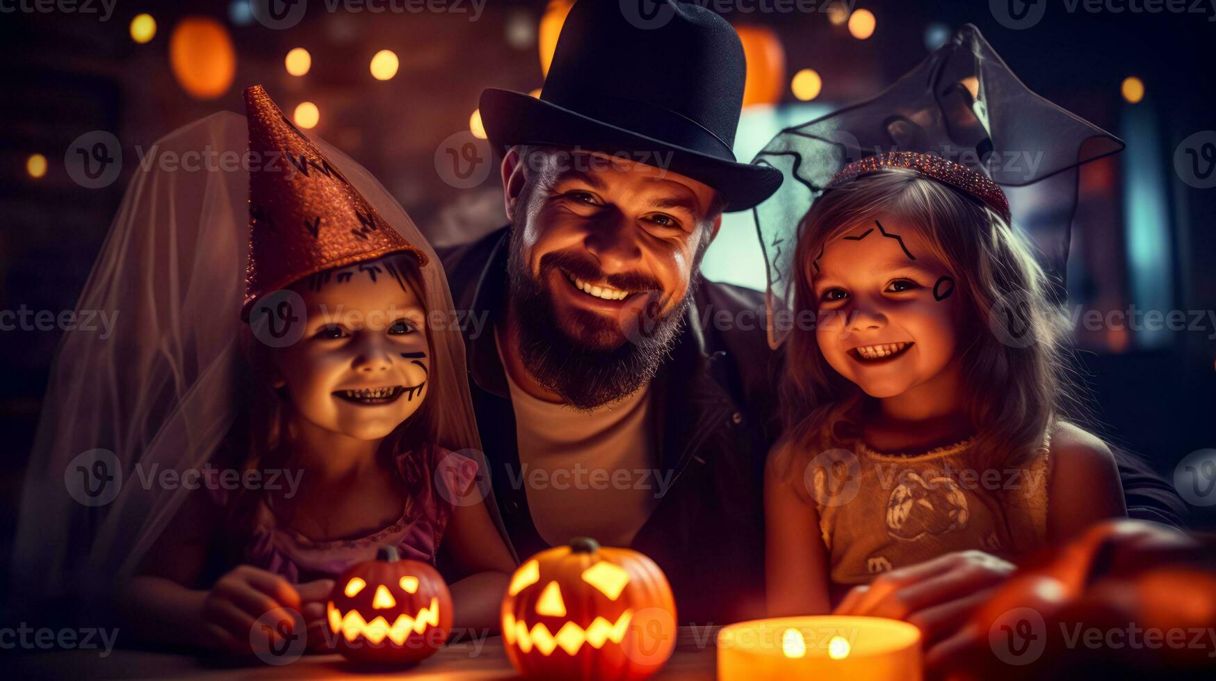 Man and two little girls sitting next to each other in front of pumpkins. Generative AI photo