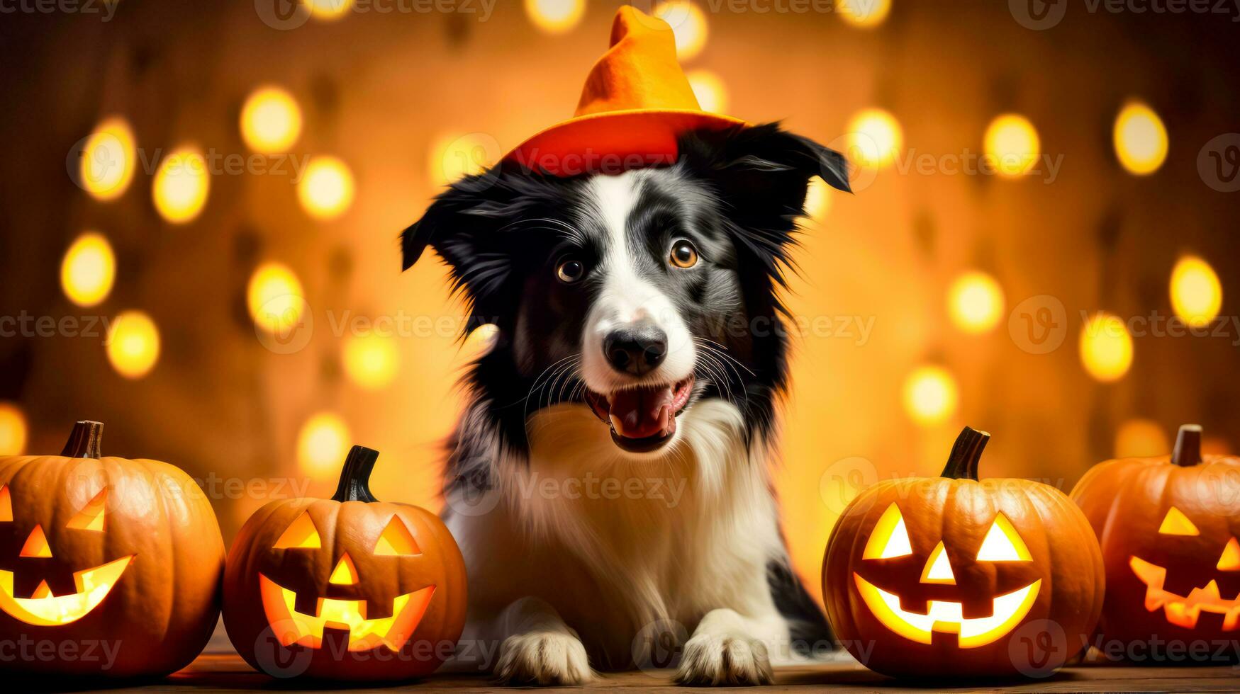 Black and white dog wearing witches hat next to two pumpkins. Generative AI photo