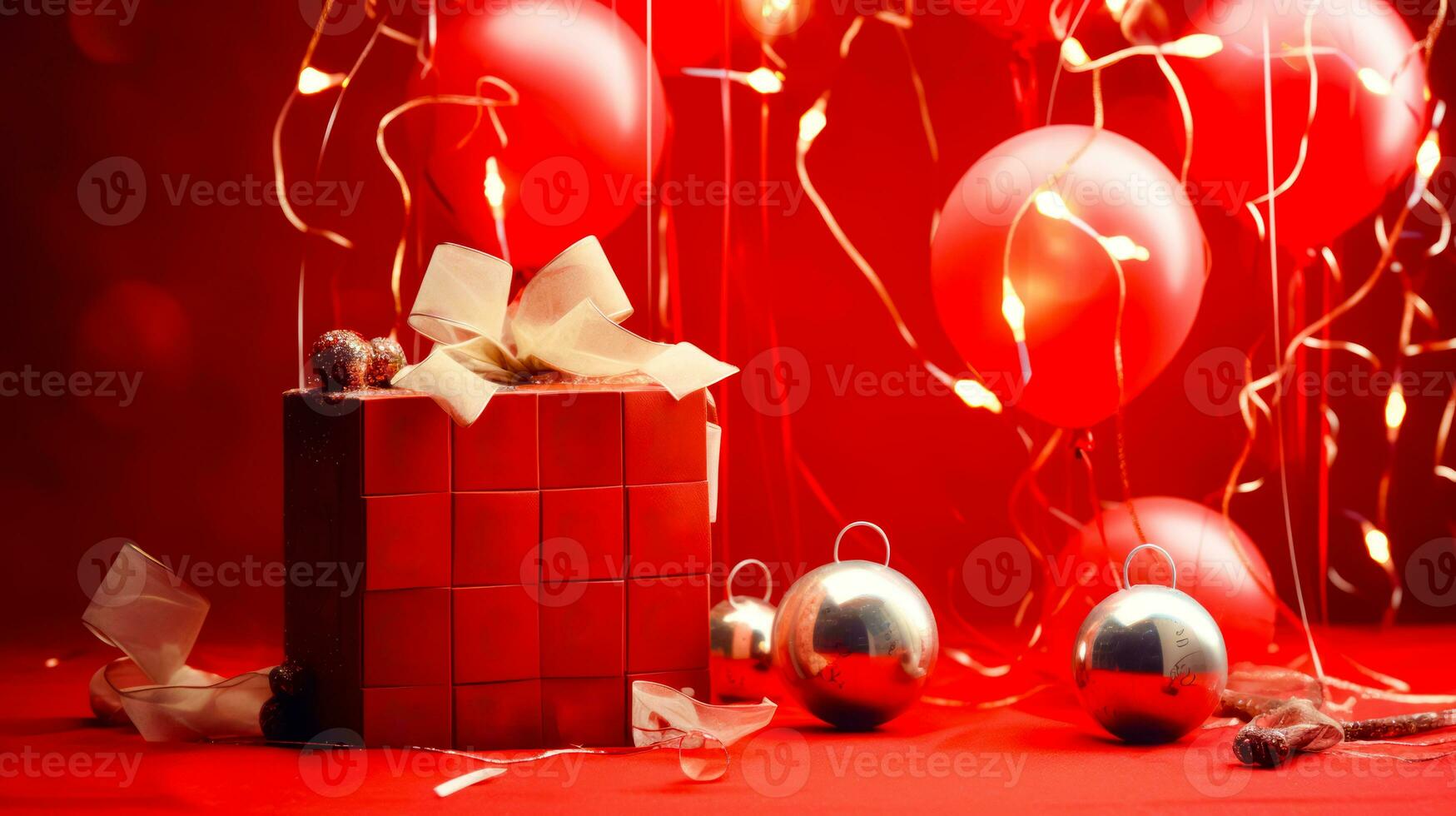 Red box with white ribbon and some red and silver ornaments and balloons. Generative AI photo