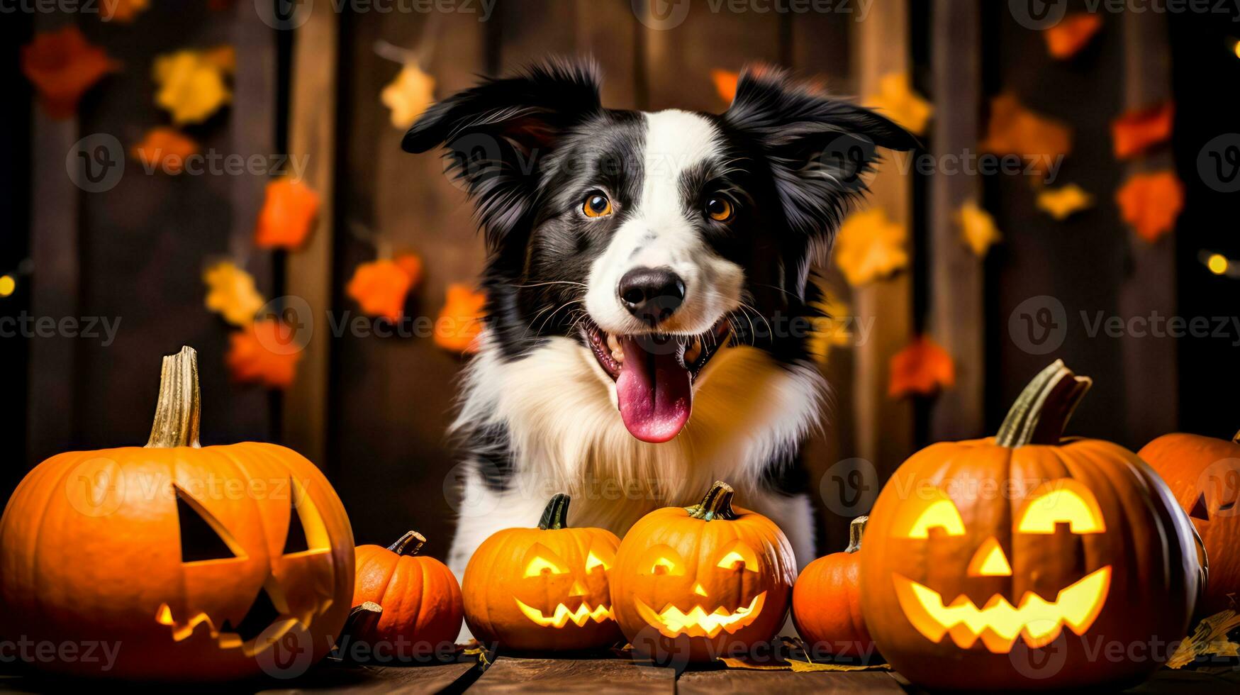 Black and white dog sitting next to pumpkins and jack - o'- lanterns. Generative AI photo