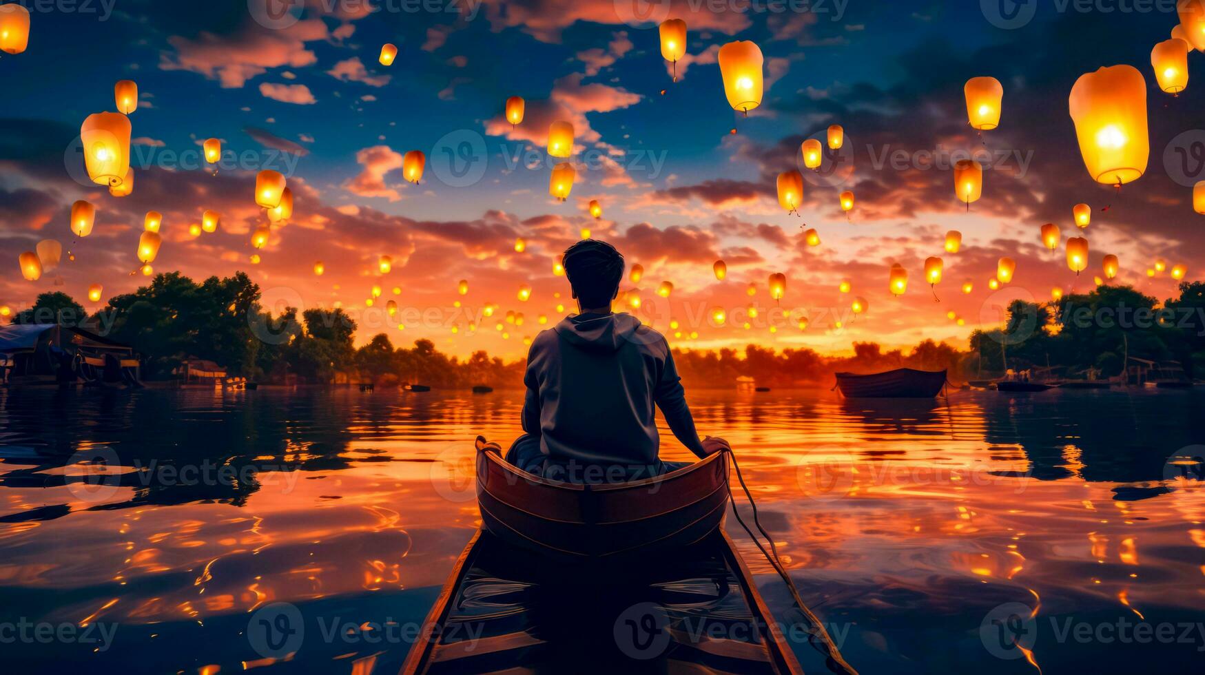 Man in row boat floating on top of lake filled with floating lanterns. Generative AI photo