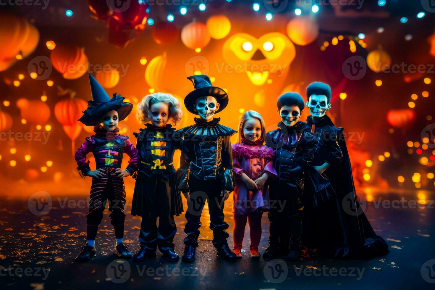 Group of children in halloween costumes posing for photo in front of stage. Generative AI