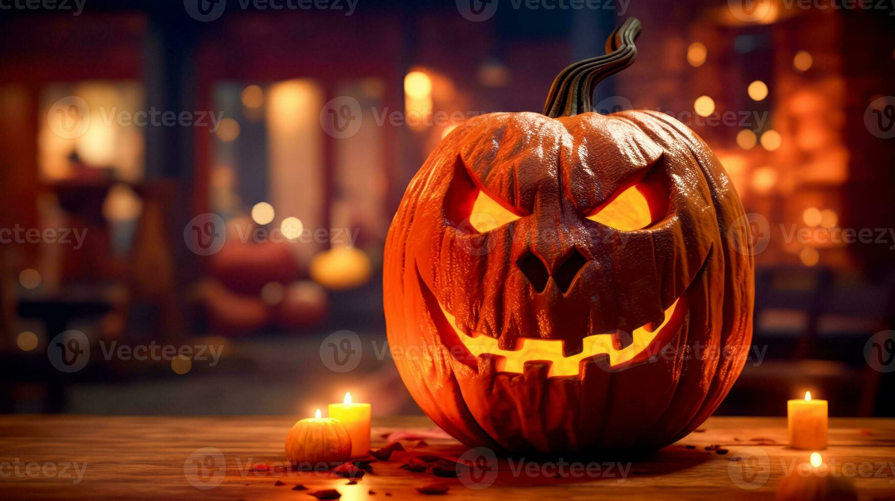 Carved pumpkin sitting on top of table next to lit candle. Generative AI photo