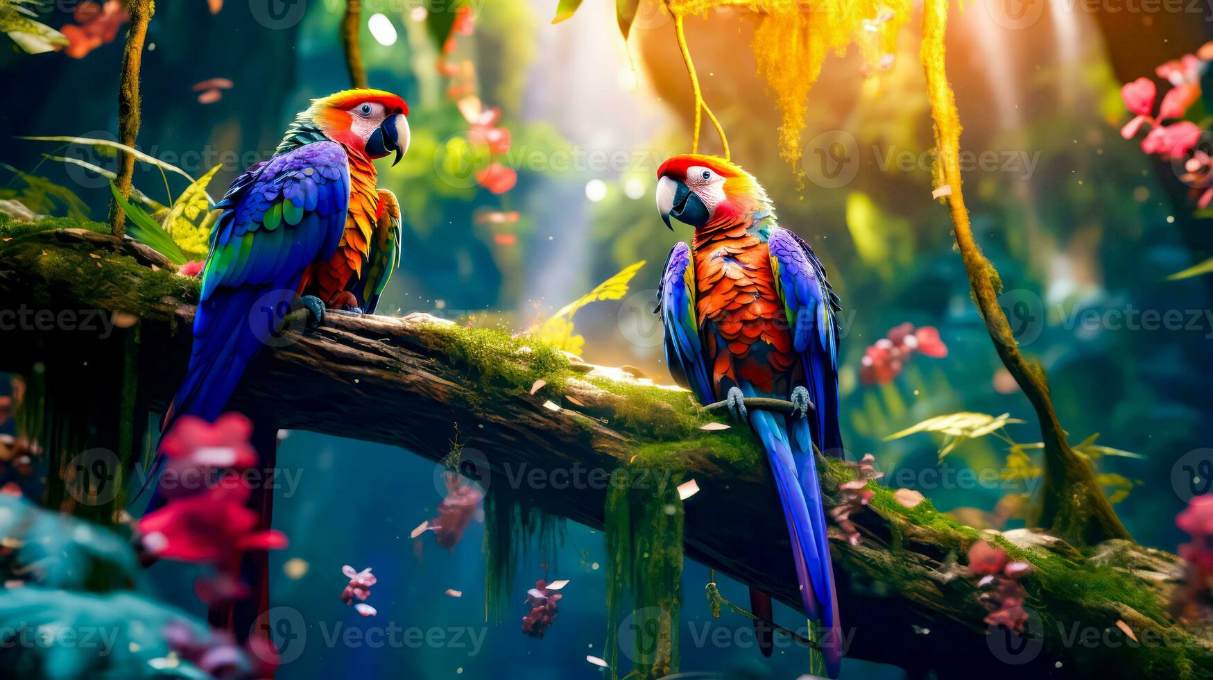 Two colorful parrots sitting on branch in jungle with leaves and flowers. Generative AI photo