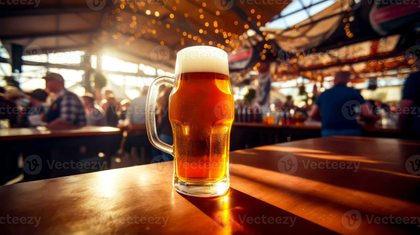 Glass of beer sitting on top of wooden table in restaurant. Generative AI photo