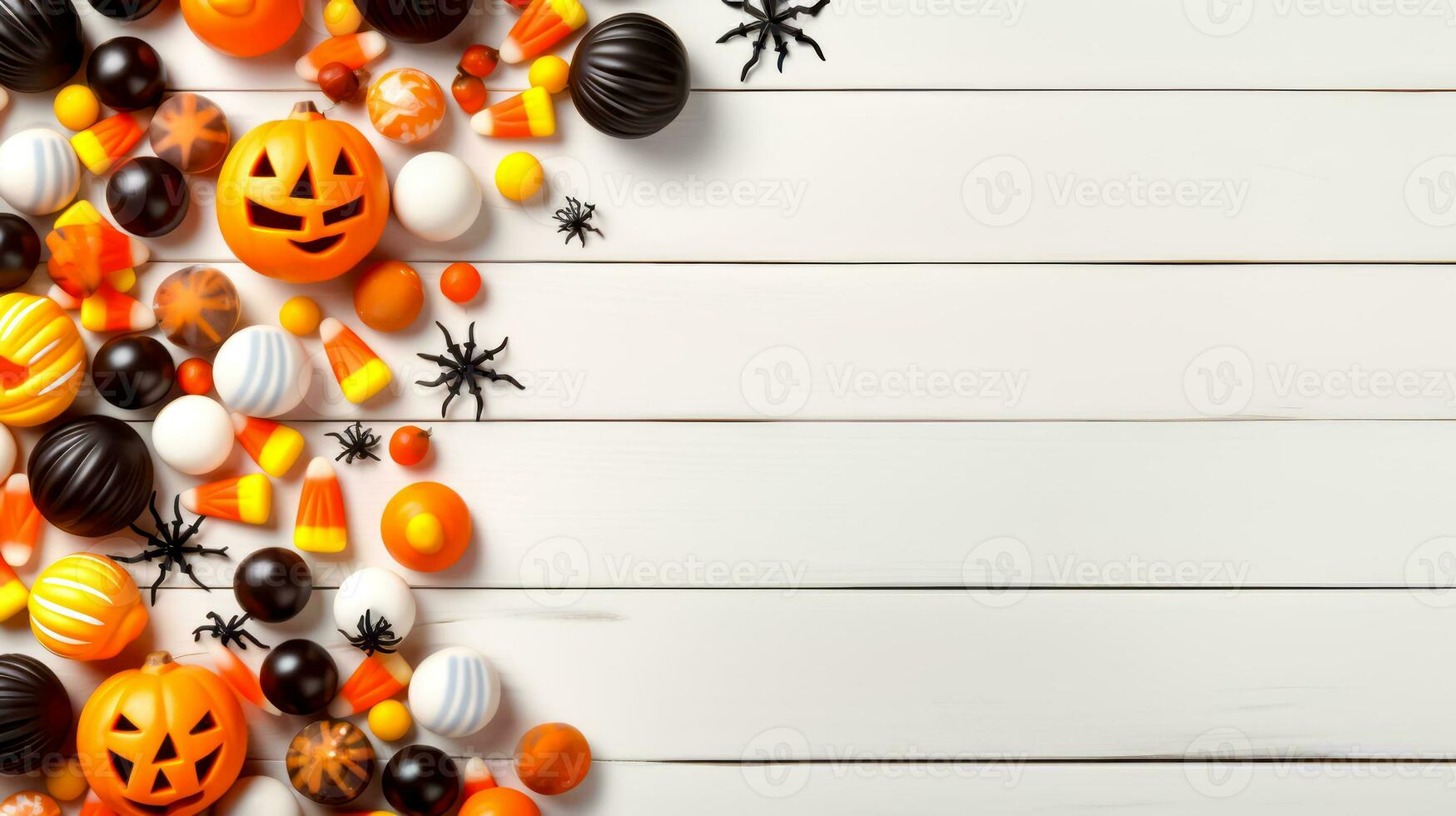 White table topped with lots of halloween candies and jack - o'- lantern. Generative AI photo