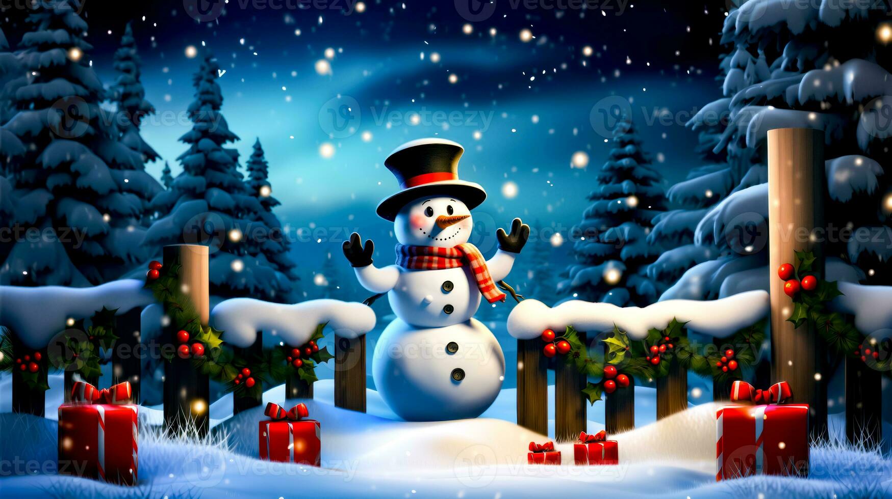 Snowman with top hat and scarf standing in the snow next to fence. Generative AI photo