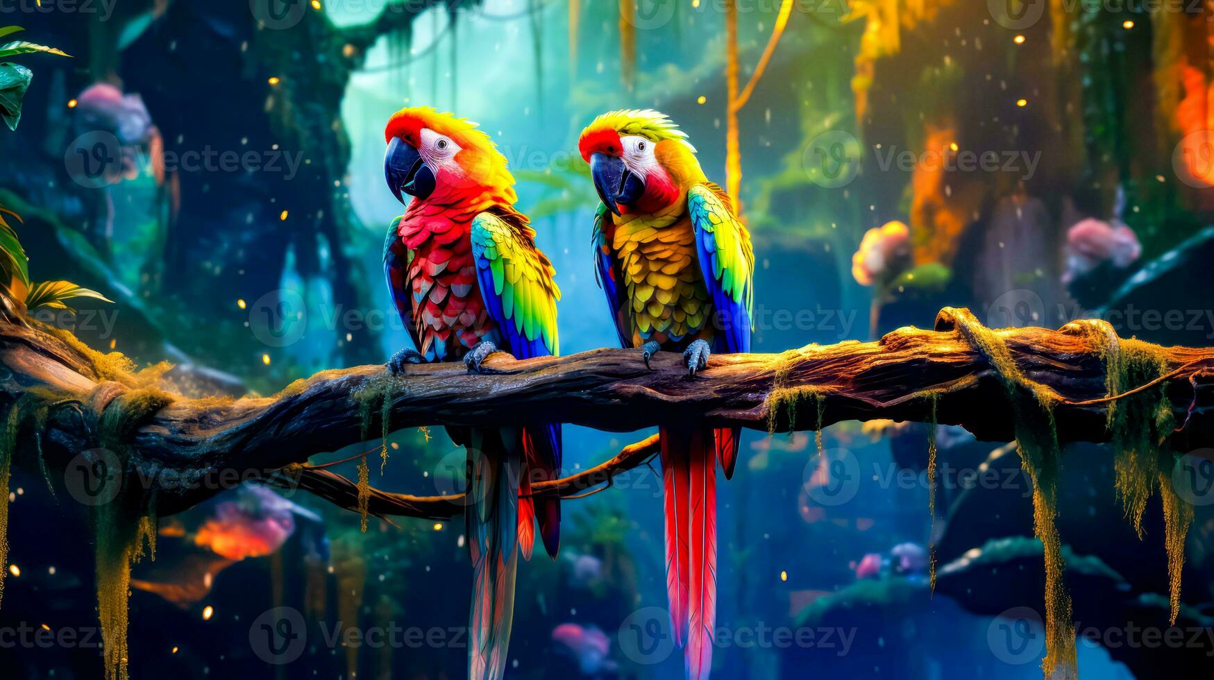 Two colorful parrots sitting on tree branch in tropical environment with fish. Generative AI photo