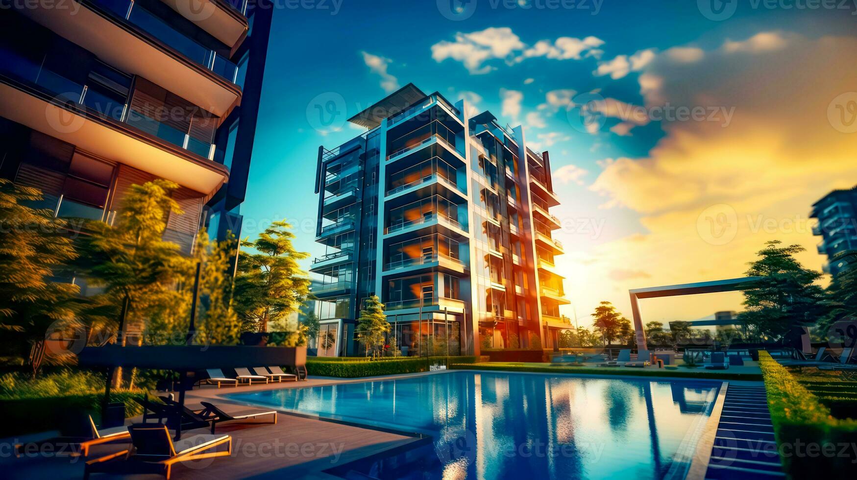 Large building sitting next to swimming pool in lush green park. Generative AI photo