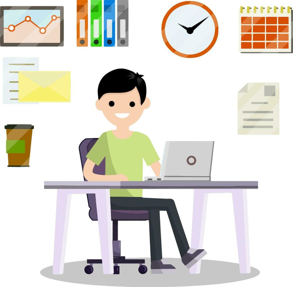 Man sitting at computer in office. Cartoon flat illustration. Set for business work-schedule, hours, file documents, letter, coffee, calendar. Company employee and office items. Work with PC vector