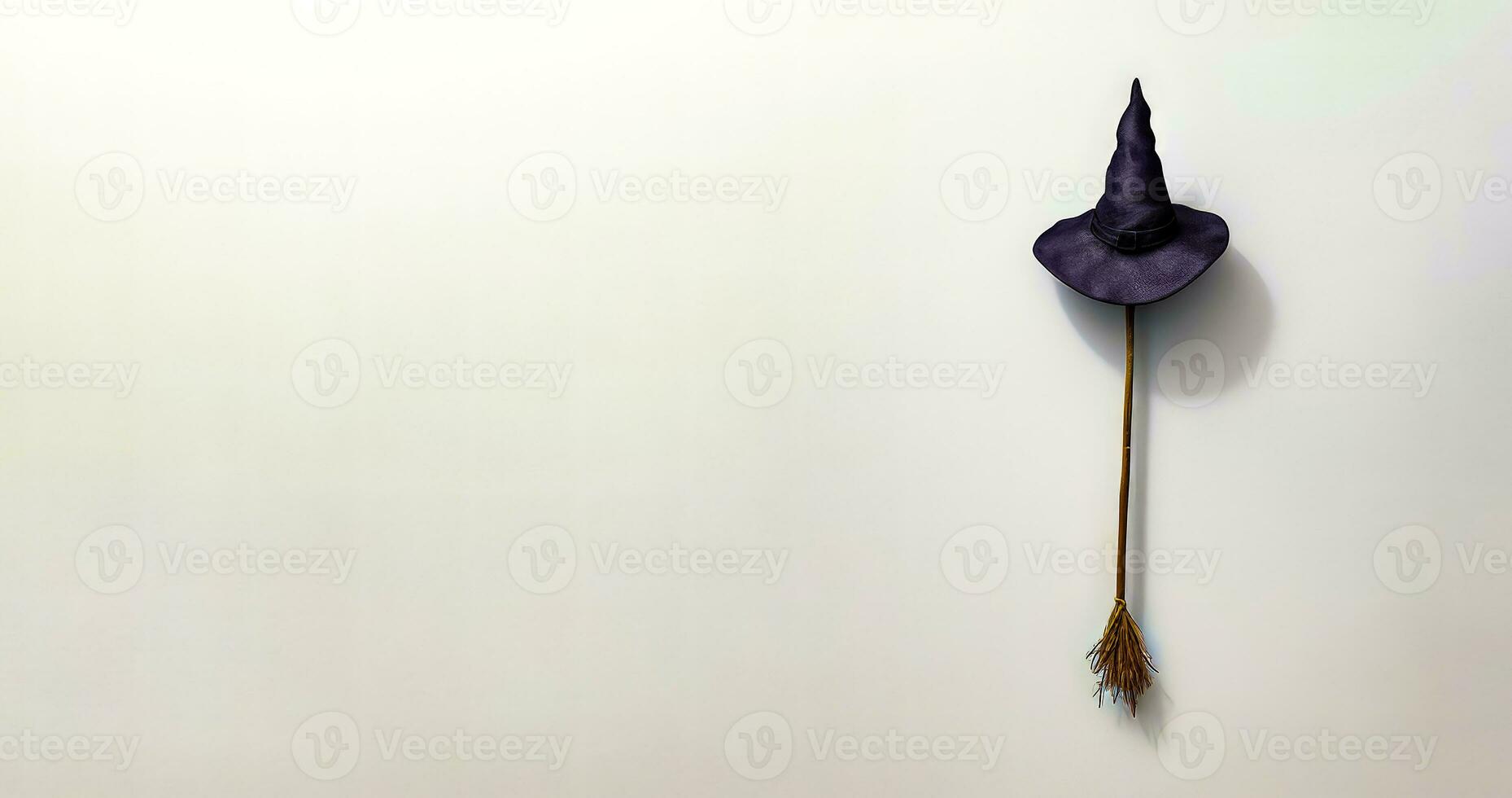 Purple witch hat hanging on wall next to broom and broom stick. Generative AI photo