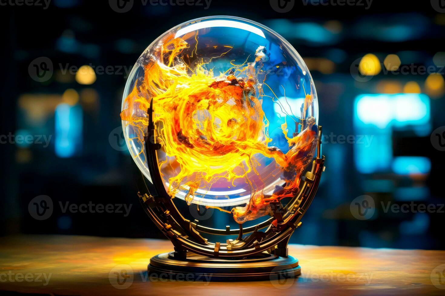 Glass ball with fireball inside of it on top of table. Generative AI photo