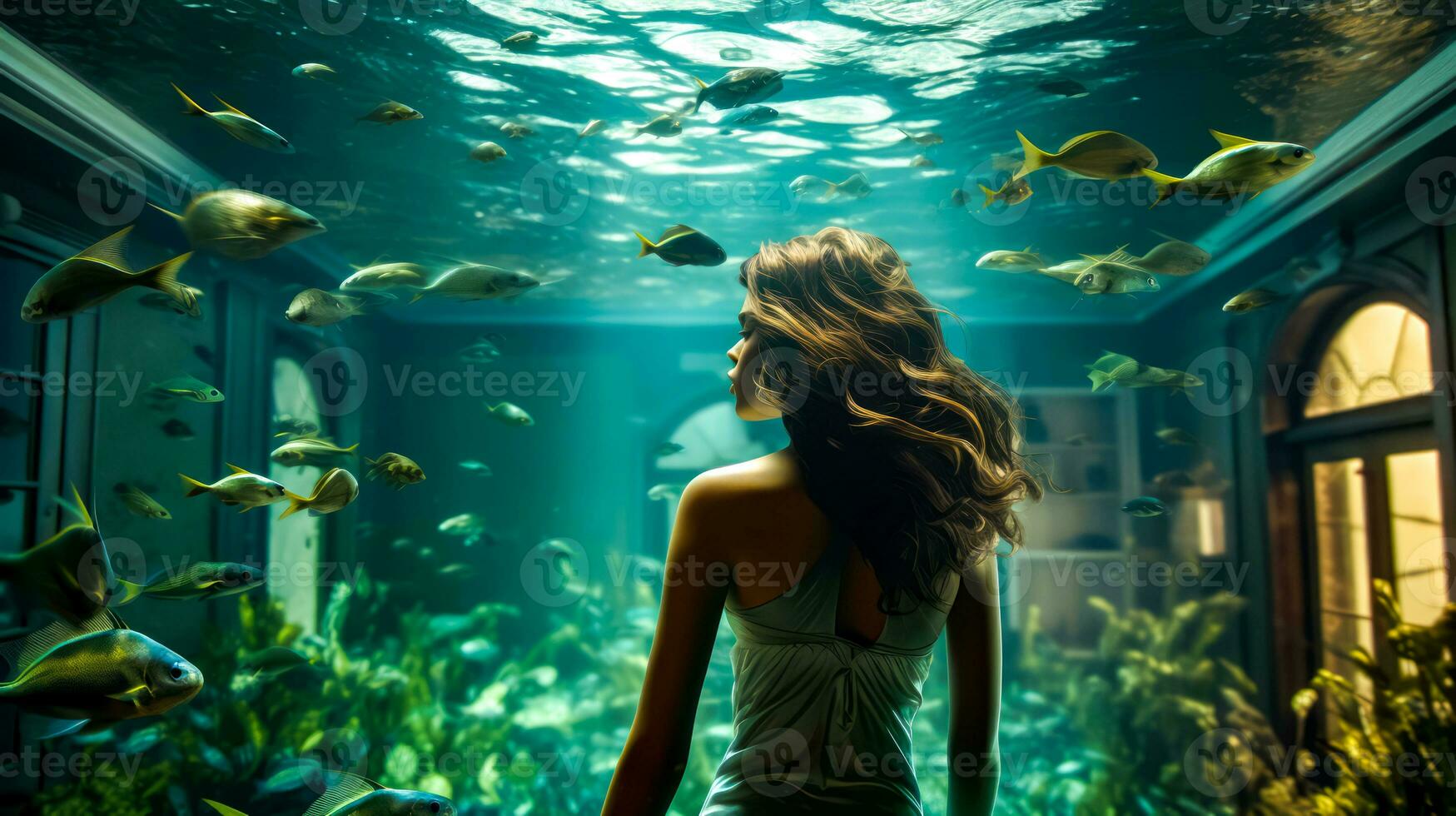 Woman standing in front of fish tank looking at lot of fish. Generative AI photo
