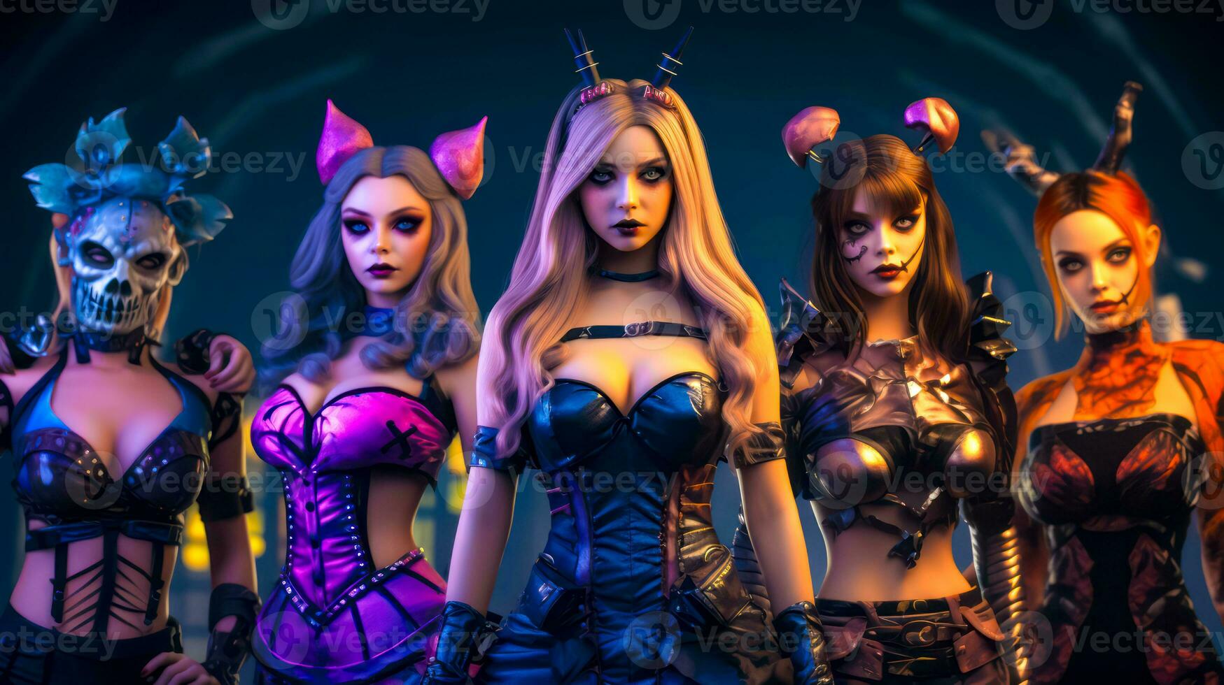 Group of three women dressed in cosplay clothing and cat ears. Generative AI photo