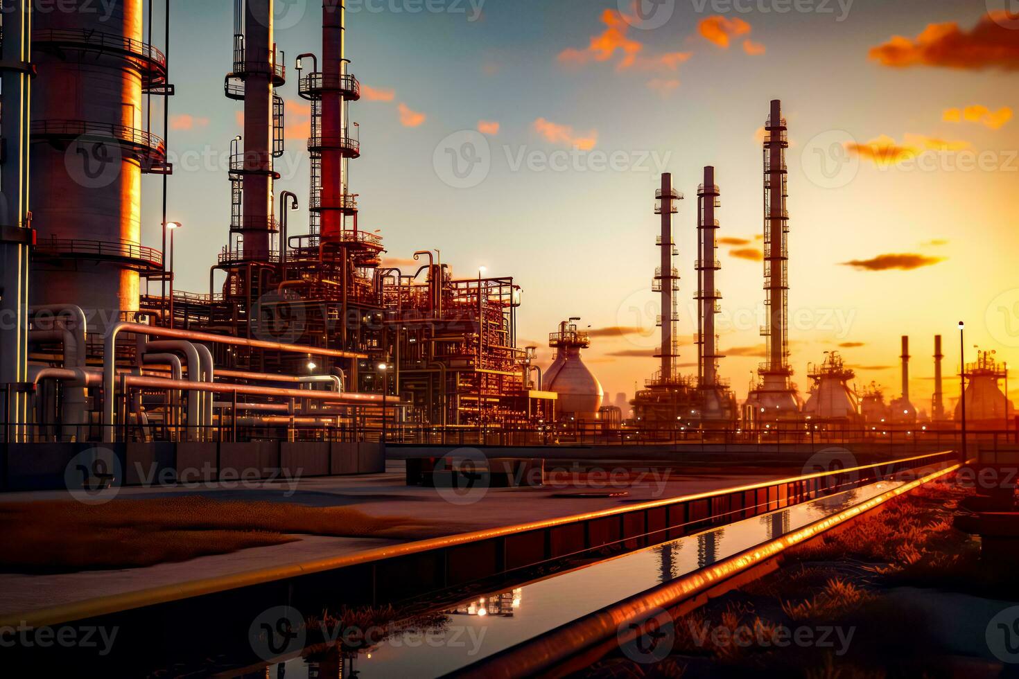 Oil refinery at sunset with the sun setting in the background and the sky reflecting in the water. Generative AI photo
