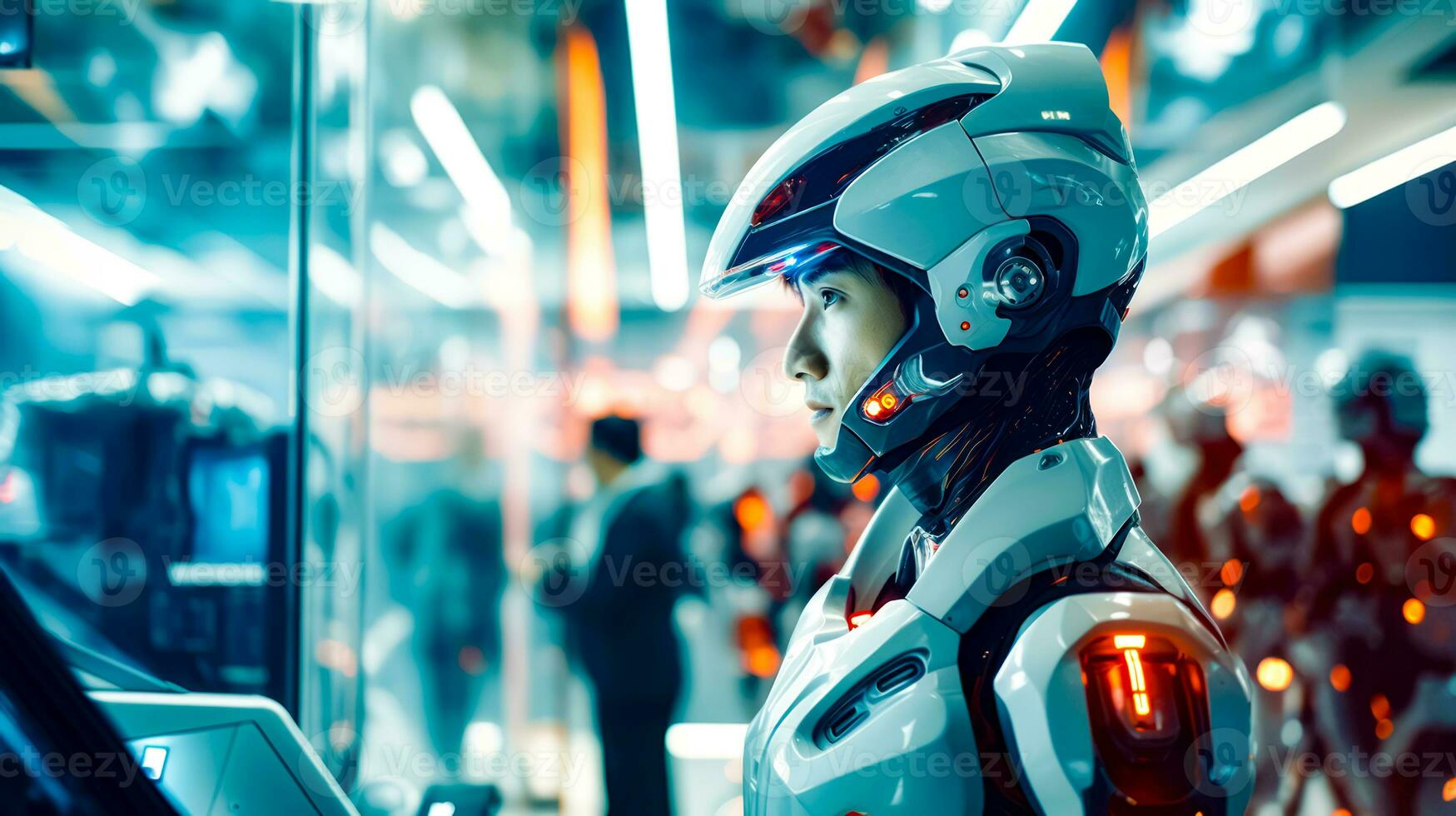 Man in suit and helmet standing in front of display case. Generative AI photo