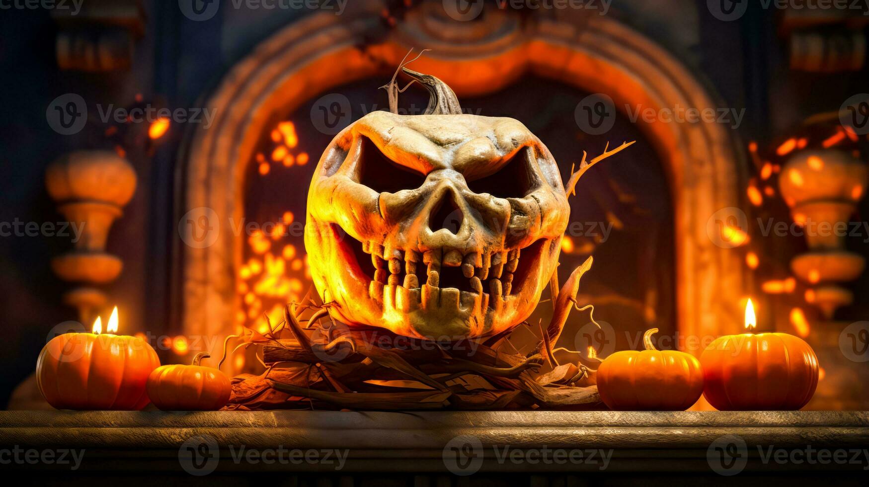 Carved pumpkin sitting on top of mantle in front of fireplace. Generative AI photo