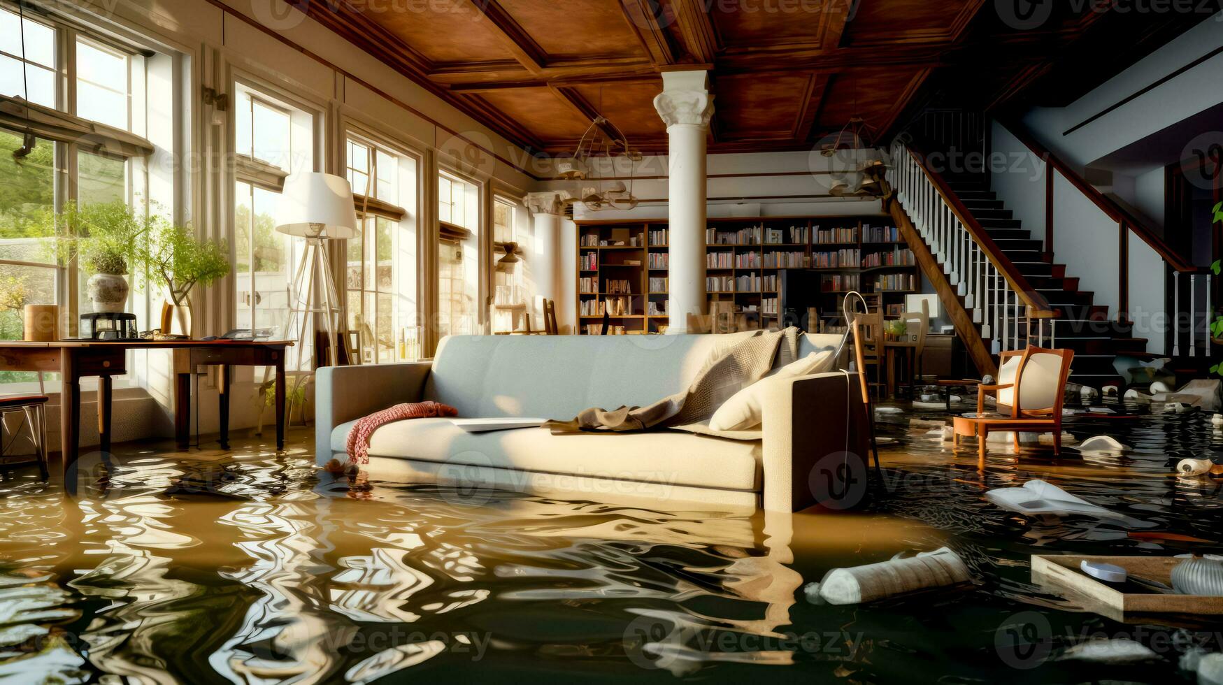 Flooded living room with couch and bookshelf in the water. Generative AI photo