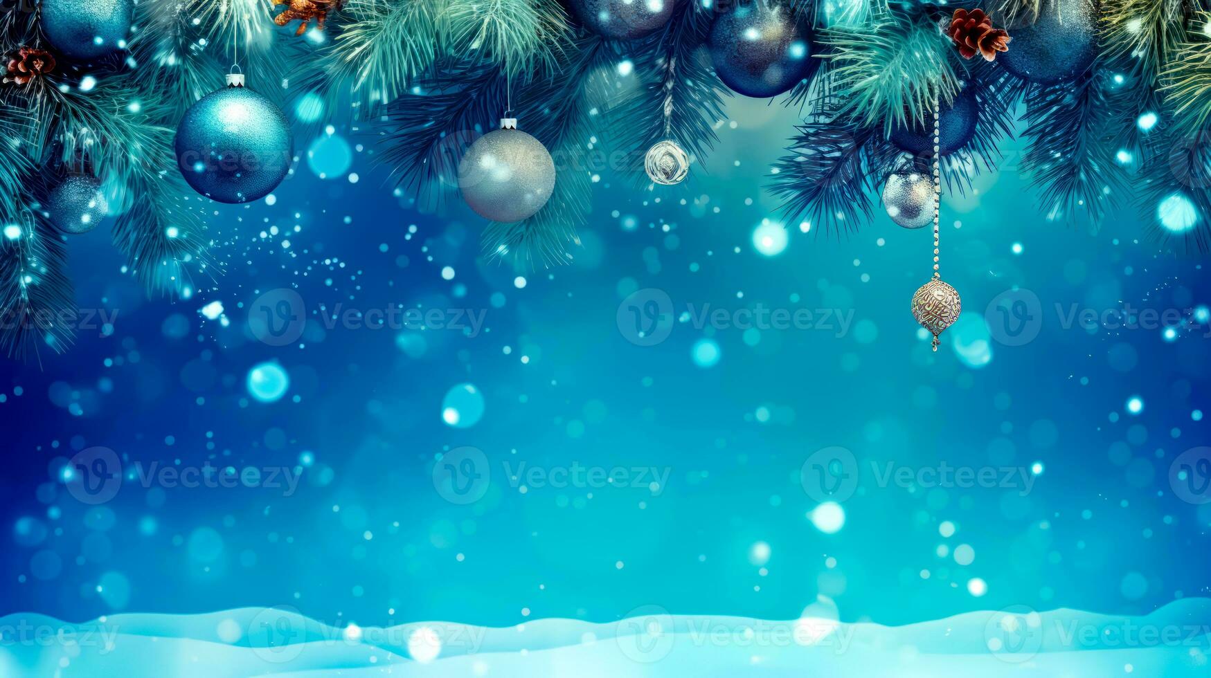 Christmas tree with ornaments hanging from it's branches on blue background. Generative AI photo