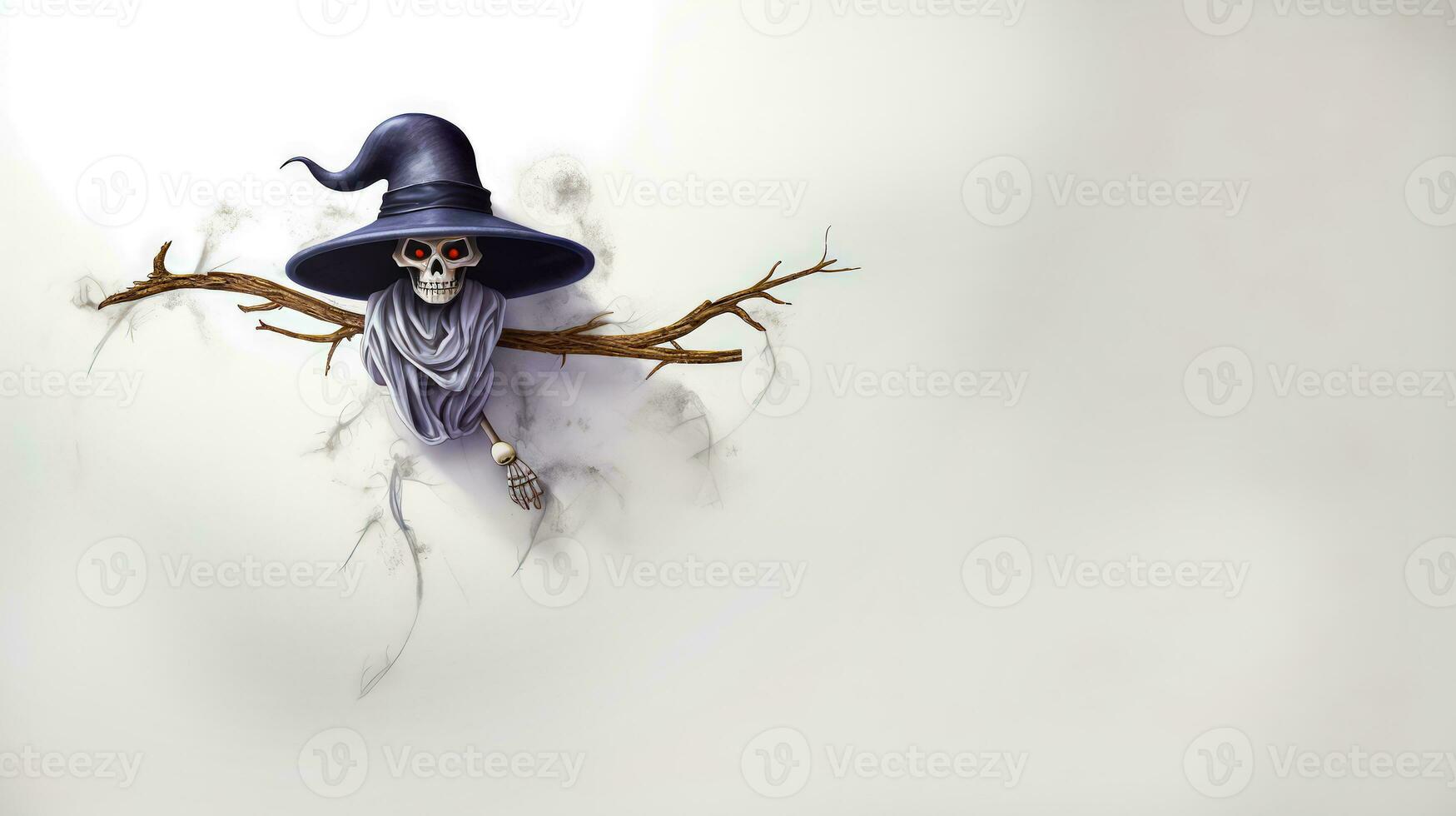 Skeleton wearing witches hat and holding twig on branch. Generative AI photo