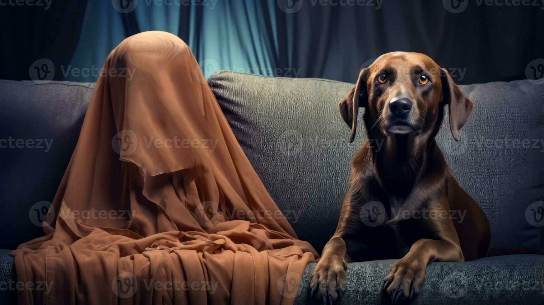 Dog sitting on couch with blanket on it's back. Generative AI photo