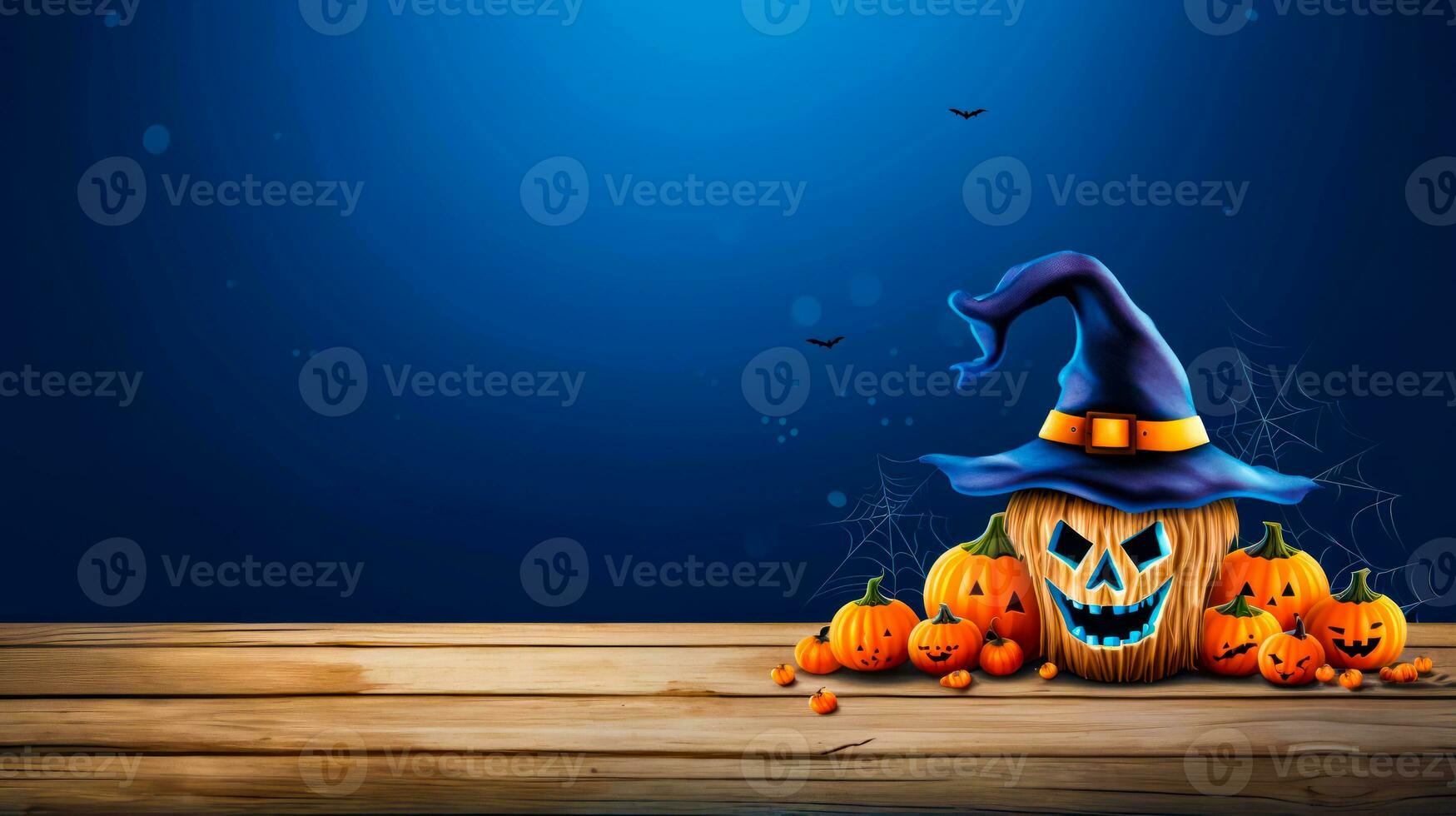 Wooden table topped with pumpkins and jack - o'- lantern. Generative AI photo