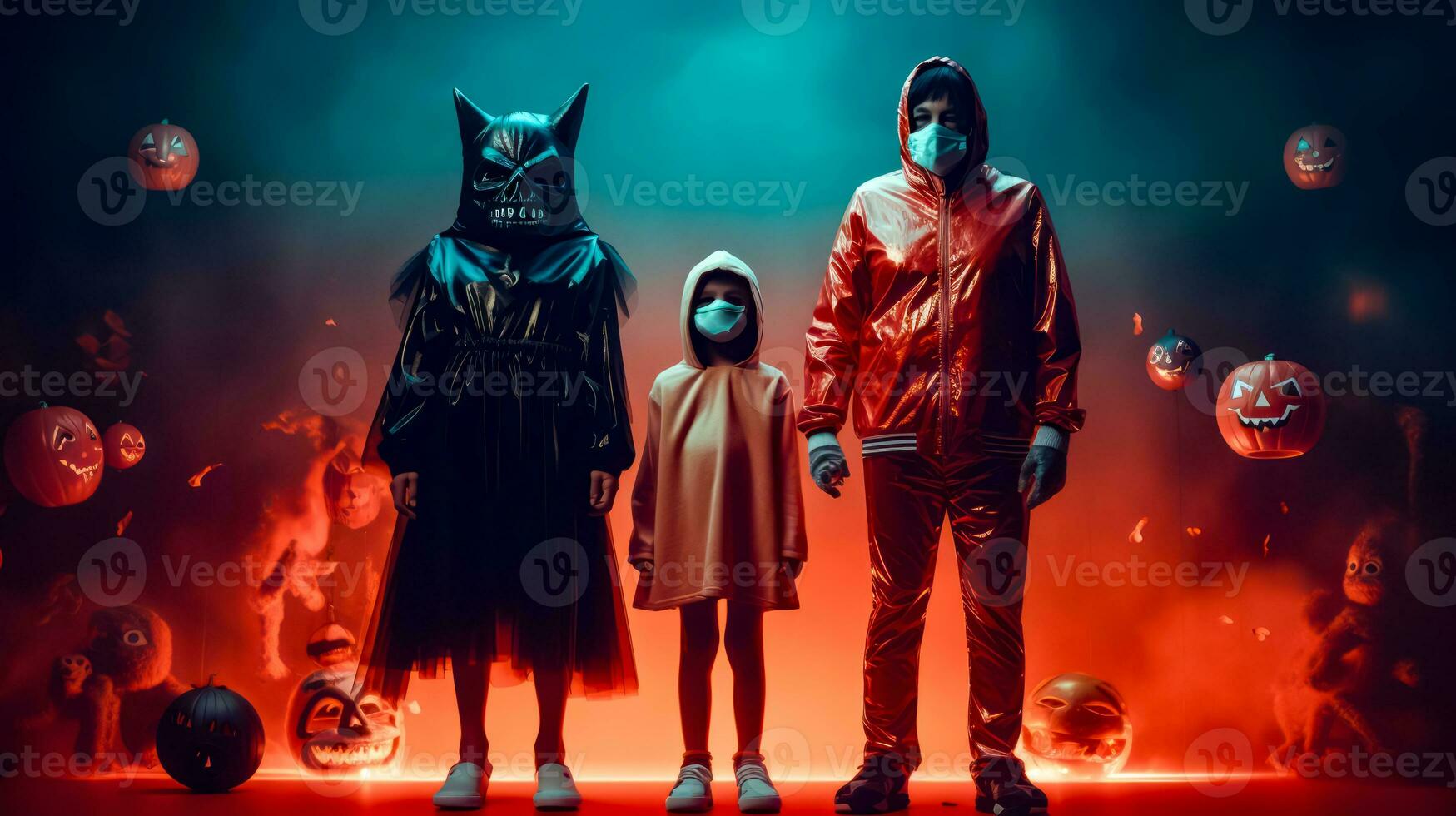 Group of people in costumes standing in front of red and blue background. Generative AI photo