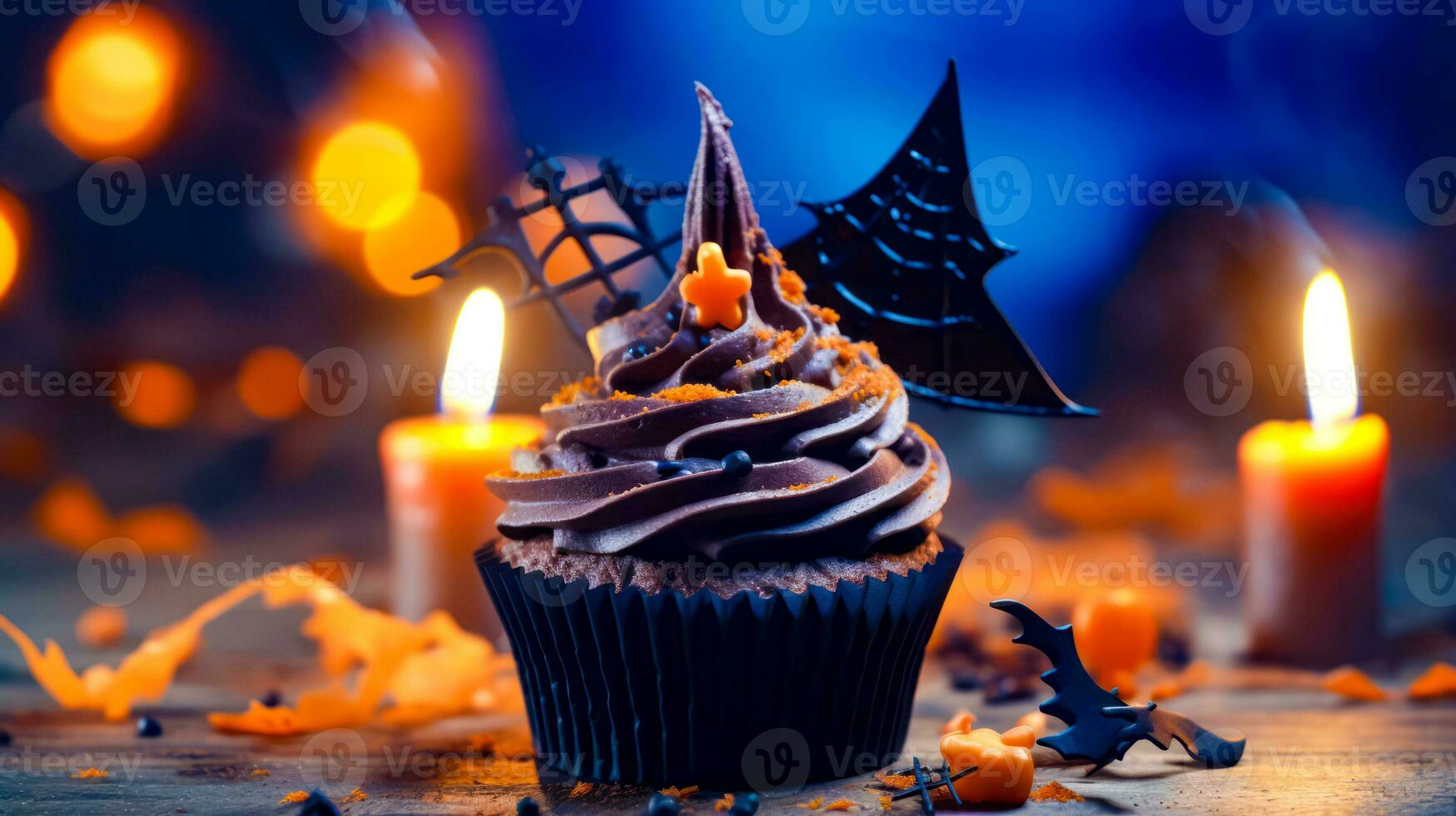 Cupcake with chocolate frosting and sprinkles with candle in the background. Generative AI photo