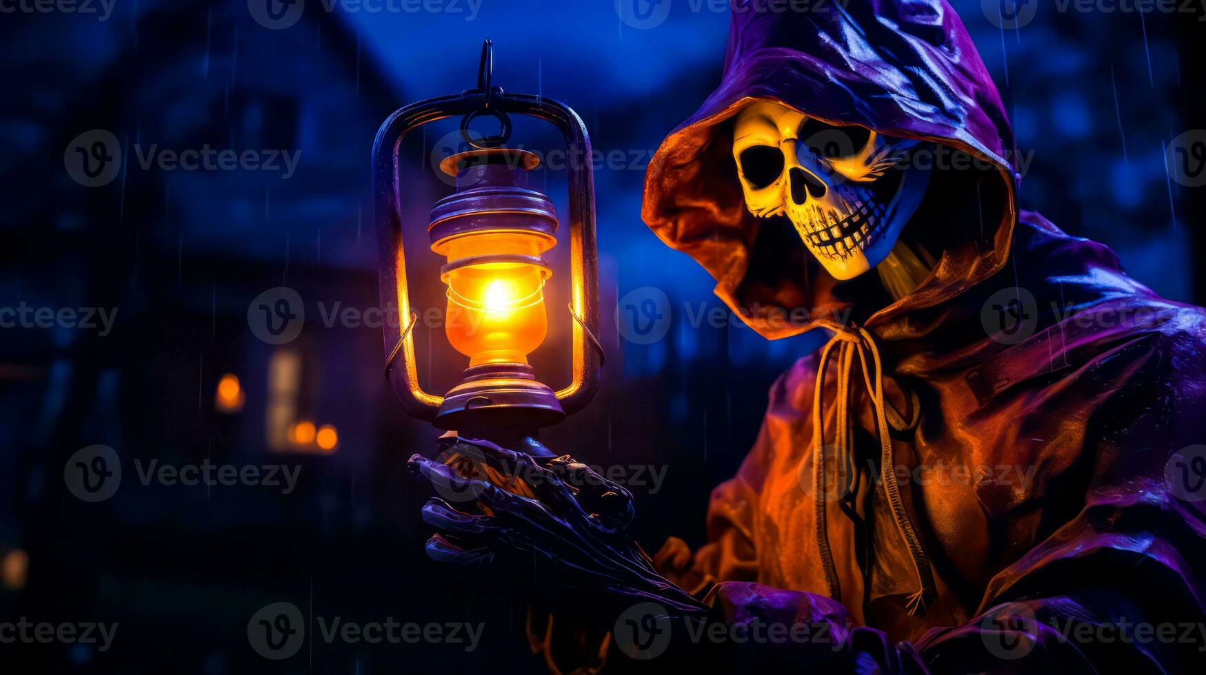 Skeleton holding lantern with glowing light in it's hand. Generative AI photo