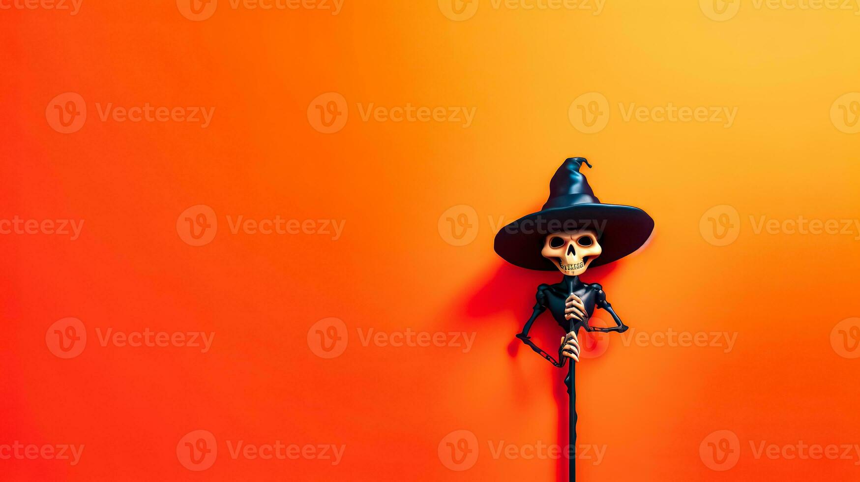 Skeleton wearing witches hat and holding stick on orange background. Generative AI photo