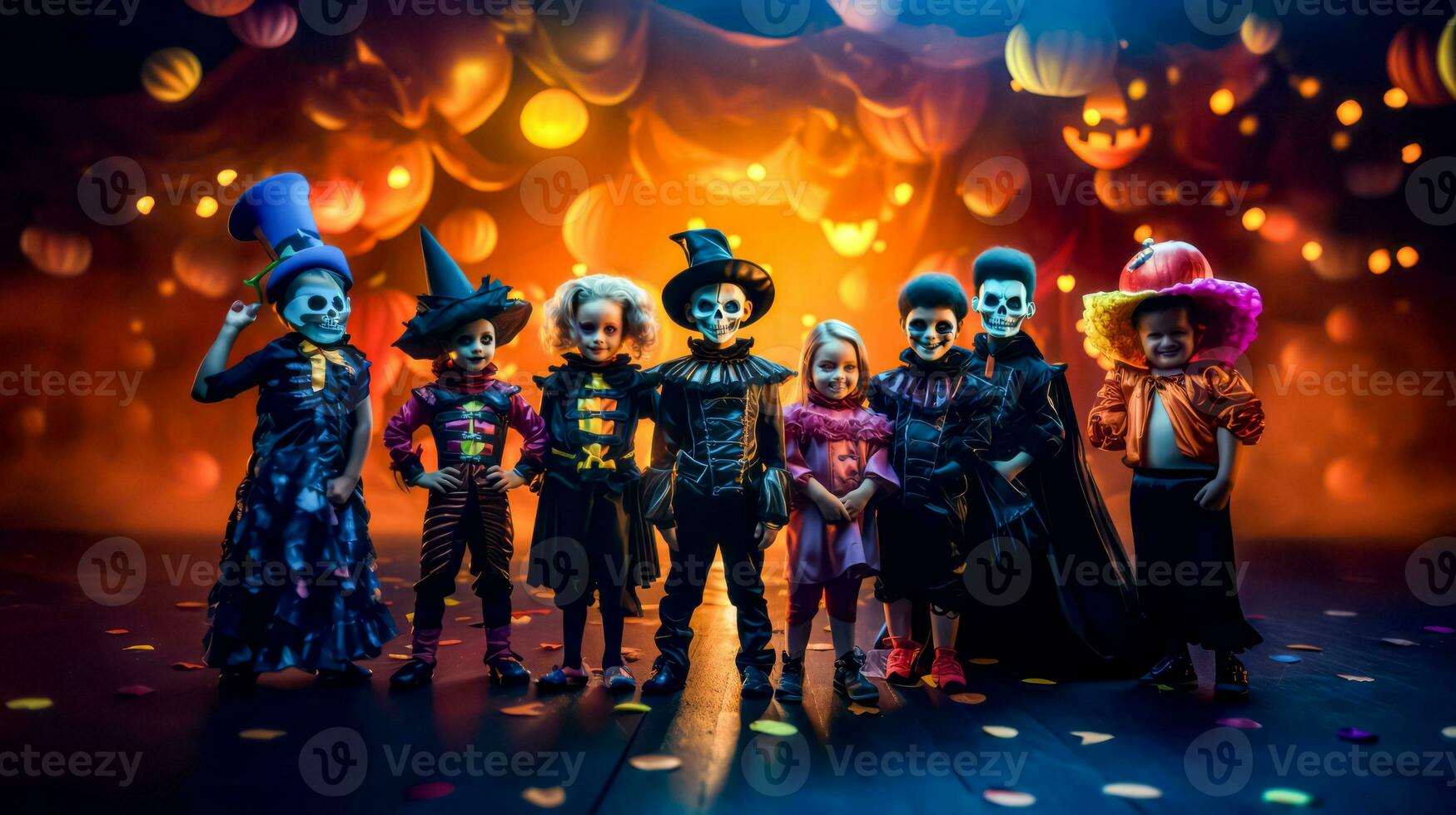Group of children dressed in halloween costumes standing in front of stage. Generative AI photo