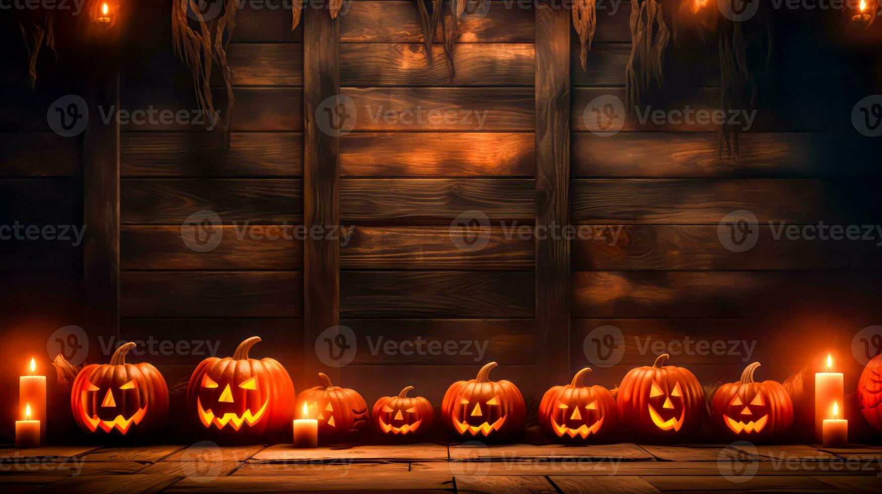 Group of carved pumpkins sitting on top of wooden floor next to window. Generative AI photo