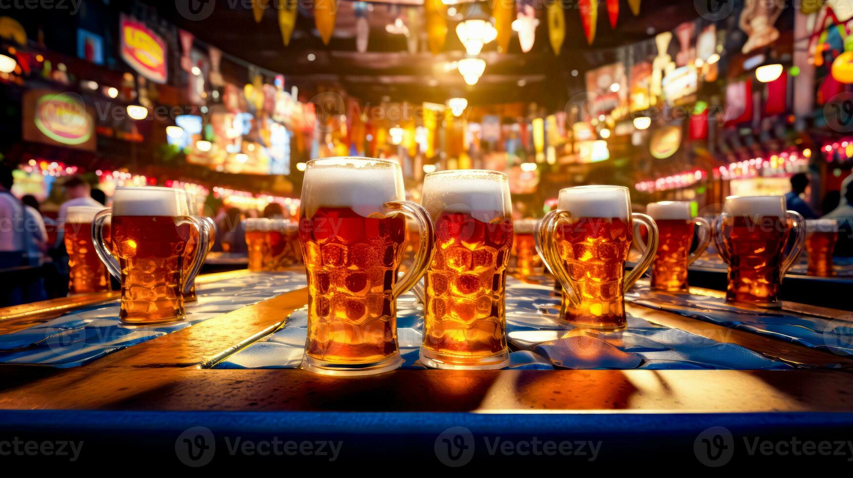 Group of mugs of beer sitting on top of wooden table. Generative AI photo