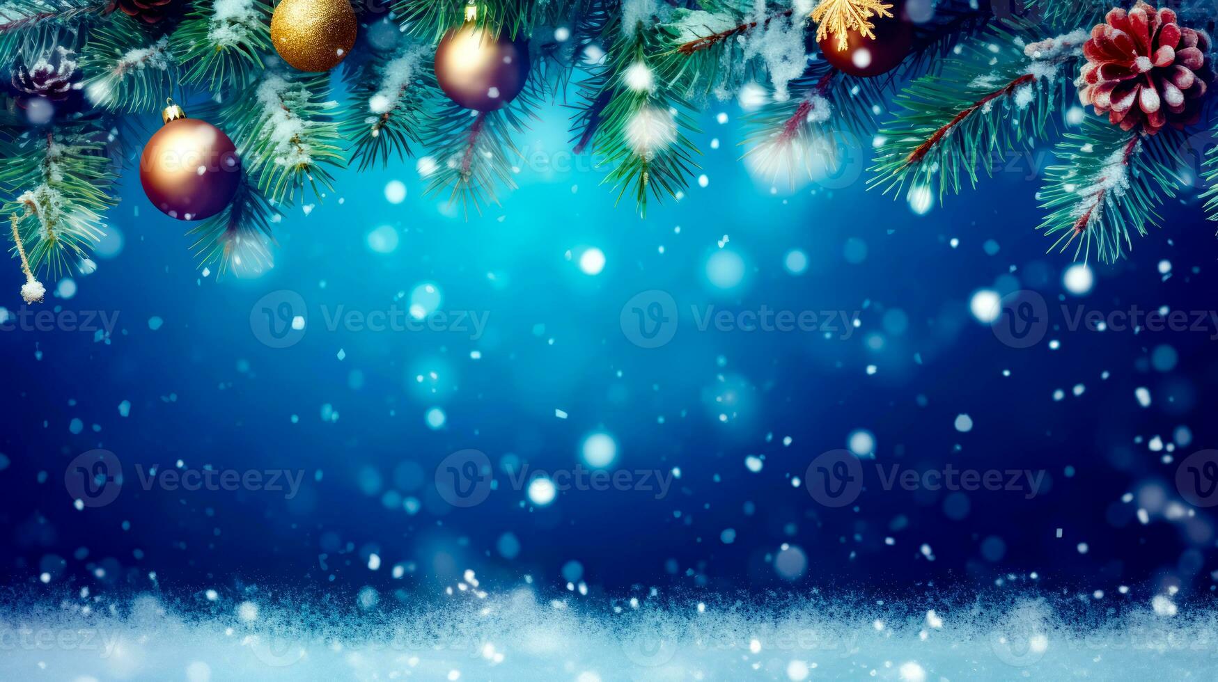 Christmas tree branch with ornaments and snow flakes on blue background. Generative AI photo