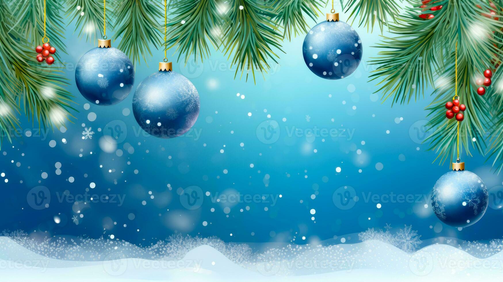 Blue christmas ornament hanging from pine tree branch in the snow. Generative AI photo
