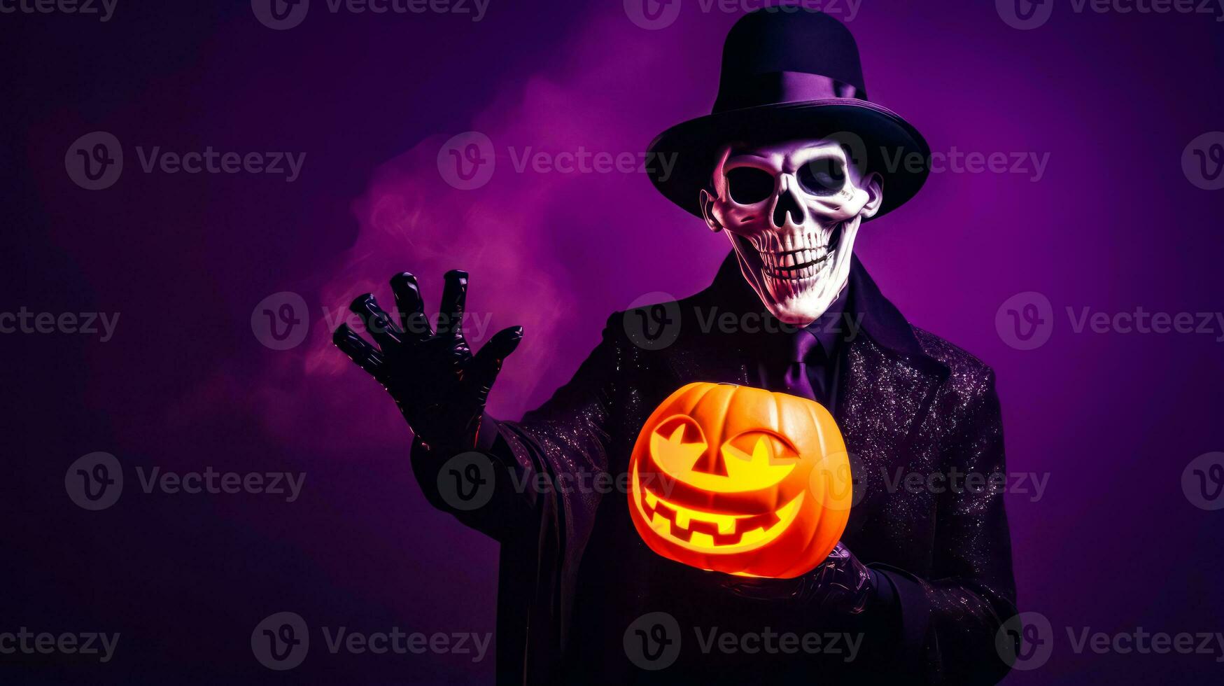 Skeleton wearing top hat and holding jack - o - lantern. Generative AI photo