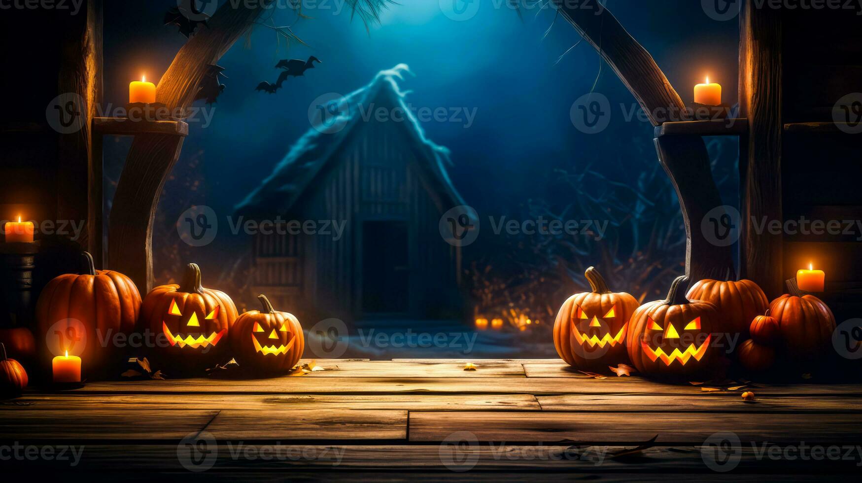 Three jack o lantern pumpkins sitting on wooden floor in front of house. Generative AI photo