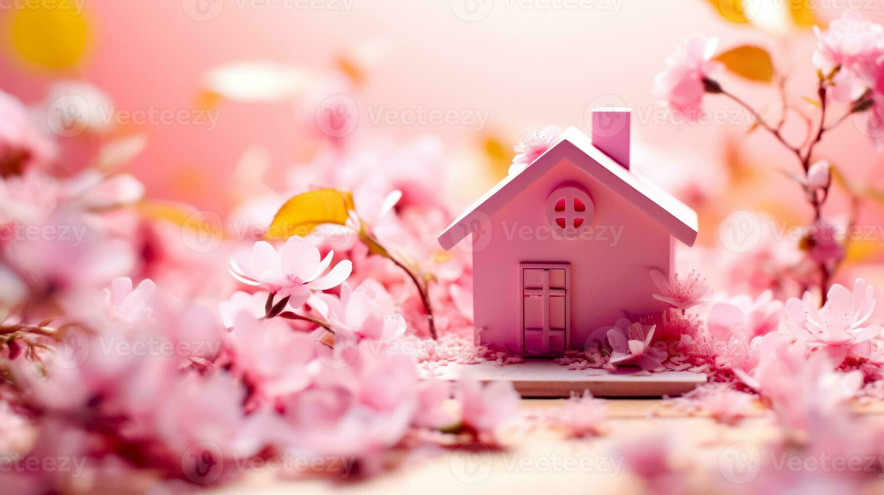 Small pink house sitting on top of table next to pink flowers. Generative AI photo