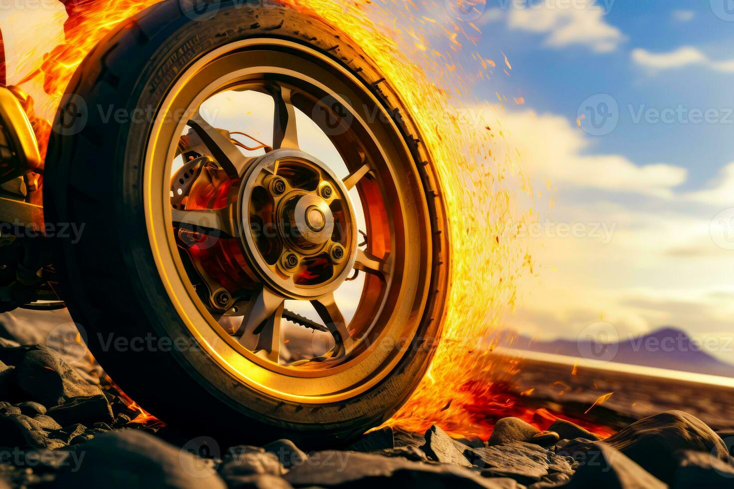 Close up of motorcycle tire on rocky surface with fire coming out of it. Generative AI photo