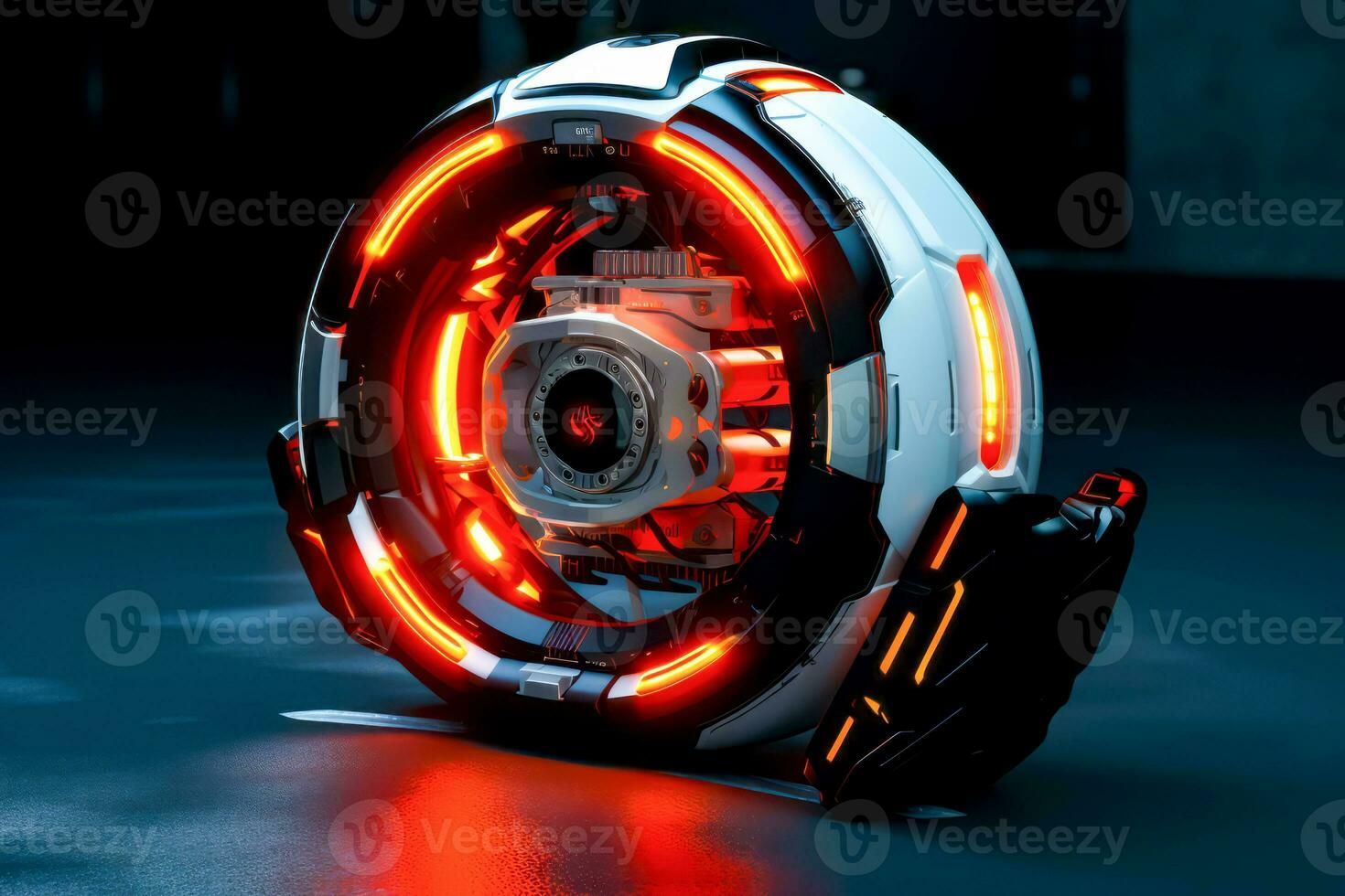 Close up of futuristic object with red lights on the side of it. Generative AI photo