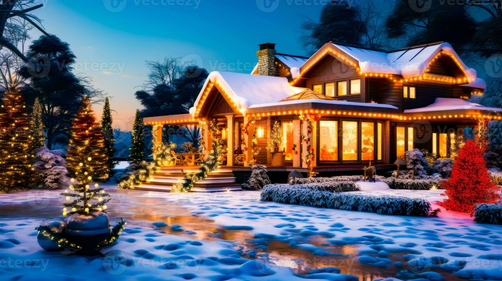 House is lit up with christmas lights in the front yard of it. Generative AI photo