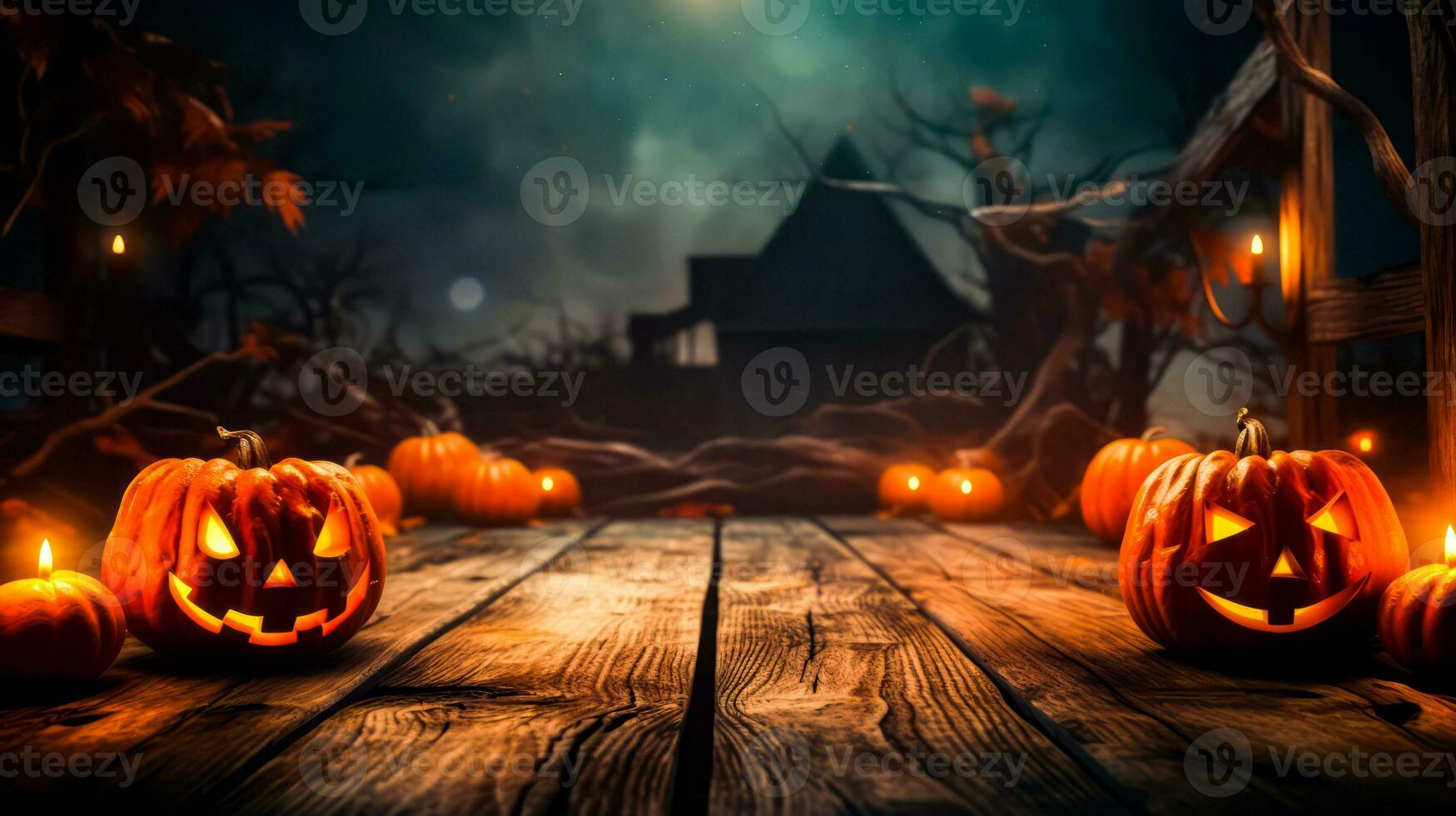 Wooden table topped with carved pumpkins under full moon filled sky. Generative AI photo