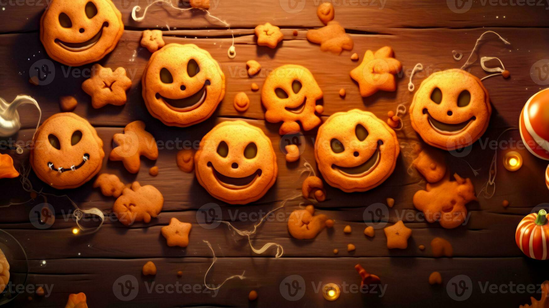 Wooden table topped with lots of cookies covered in icing and smiling faces. Generative AI photo