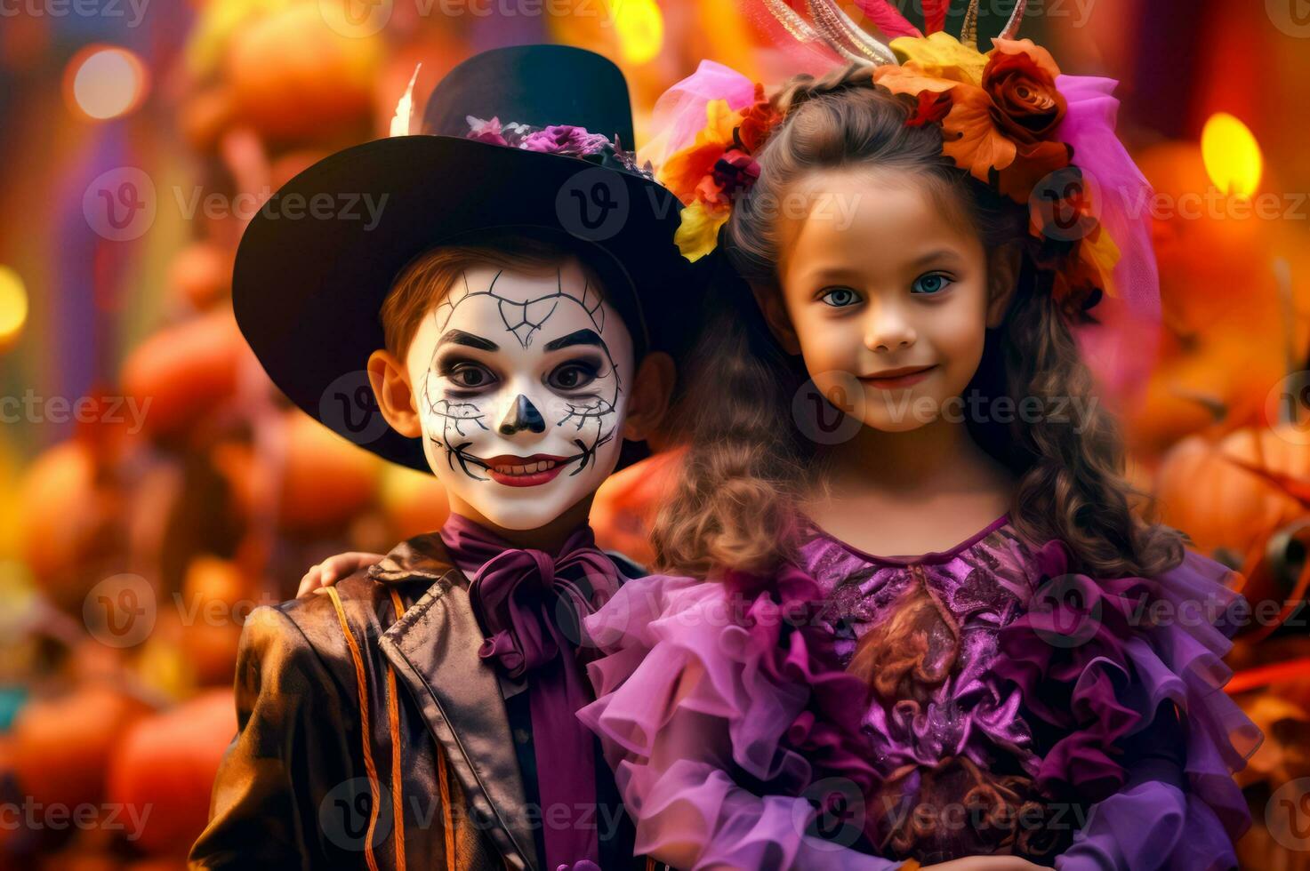 Two young girls dressed up in costumes for day of the dead celebration. Generative AI photo