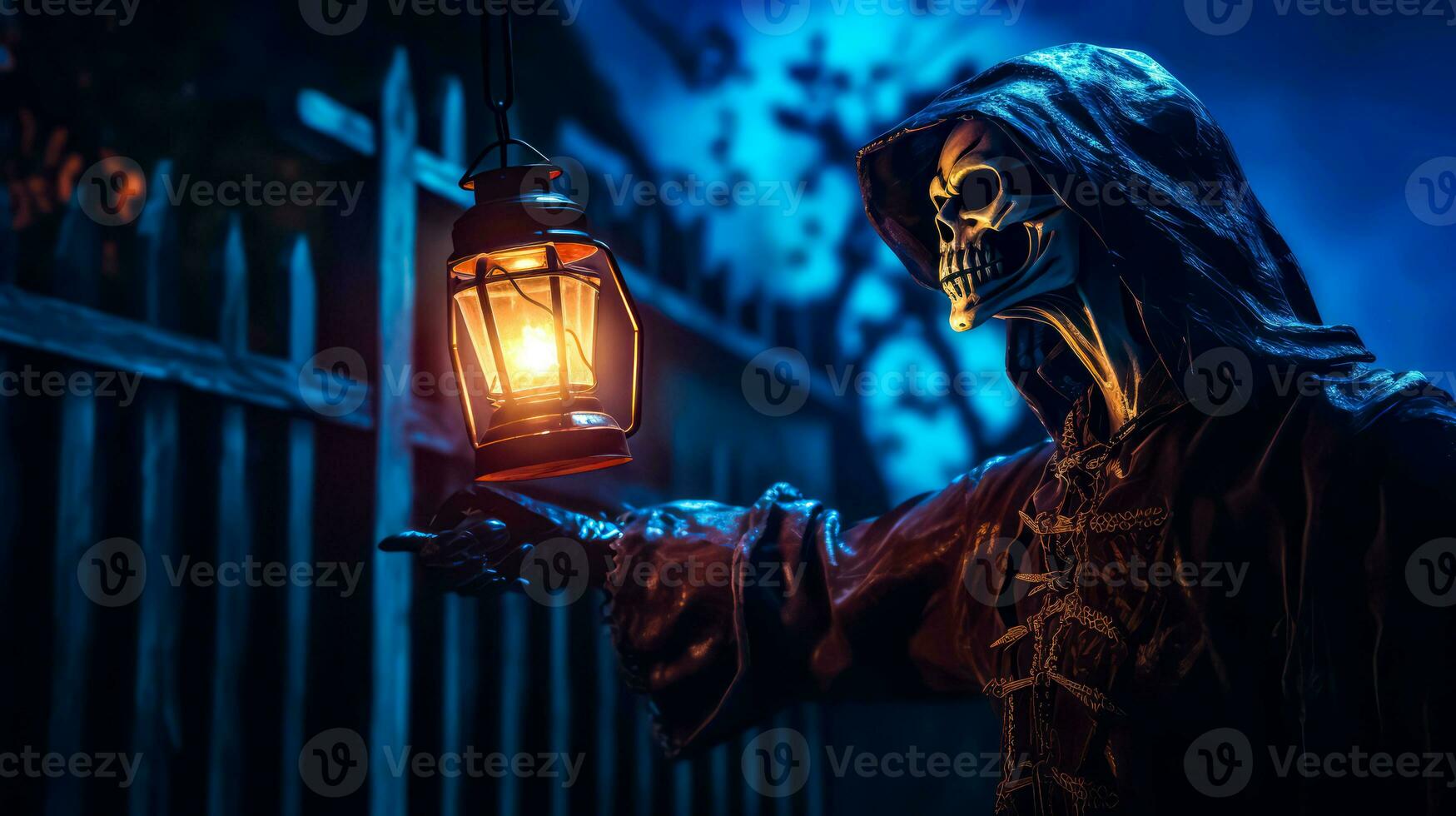 Skeleton holding lantern with glowing light in it's hand. Generative AI photo