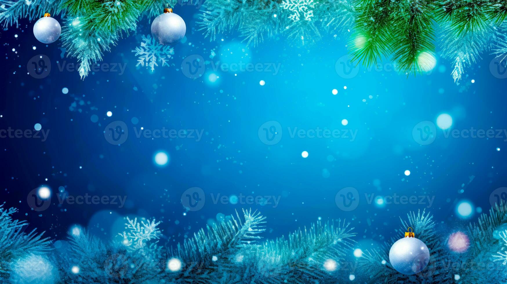 Blue christmas background with snowflakes and baubles on fir tree. Generative AI photo
