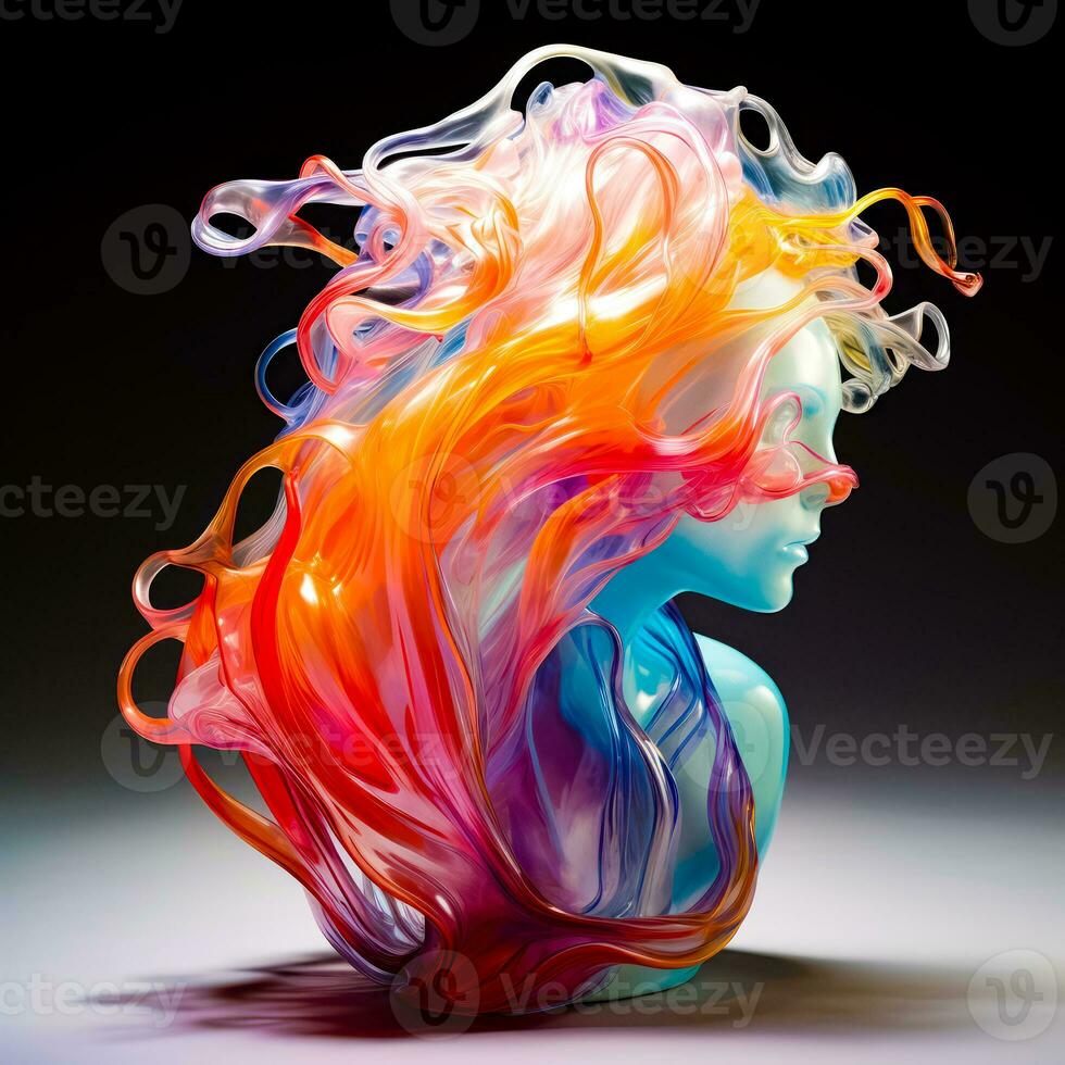 Glass sculpture of woman's head with multicolored hair. Generative AI photo