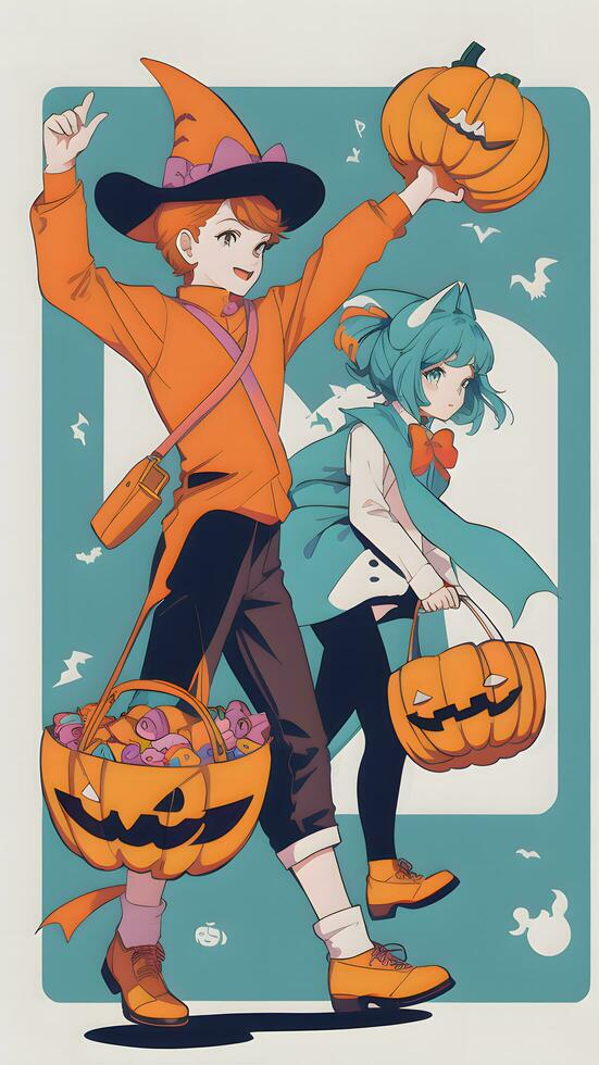 A Spooky Sibling Adventure Preparing for Halloween in Anime Style With Simple Background photo