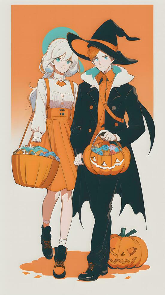 A Spooky Sibling Adventure Preparing for Halloween in Anime Style With Simple Background photo