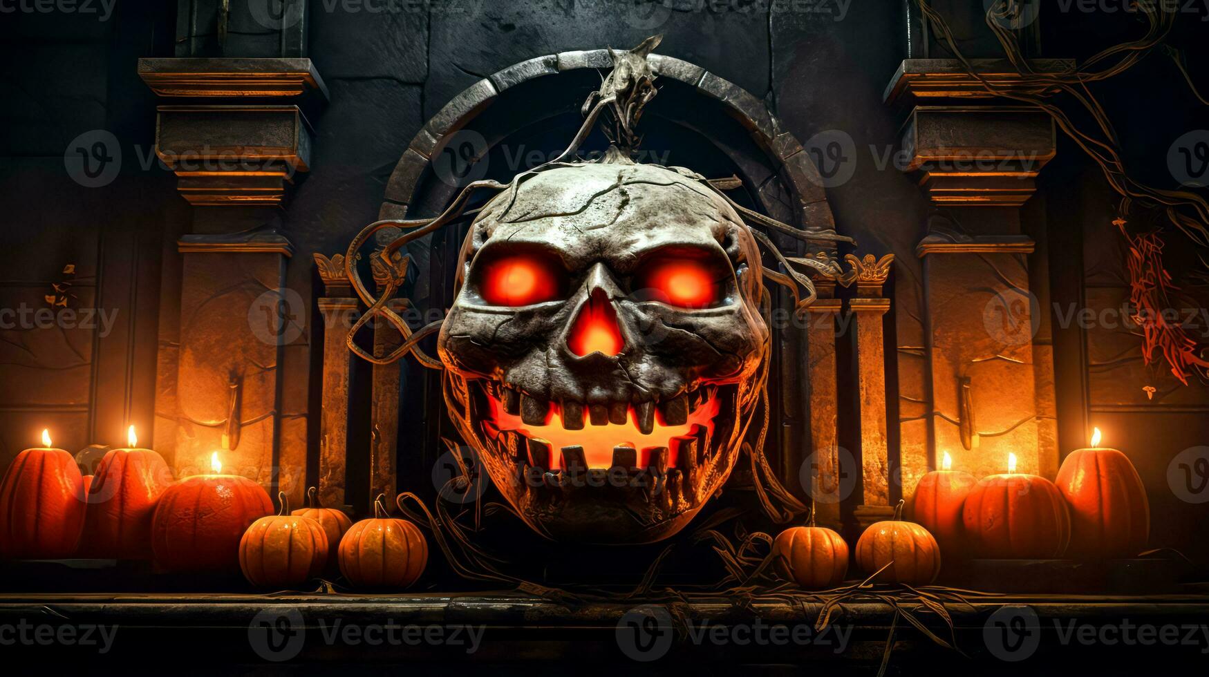 Scary pumpkin with red eyes in front of gothic gate with pumpkins. Generative AI photo